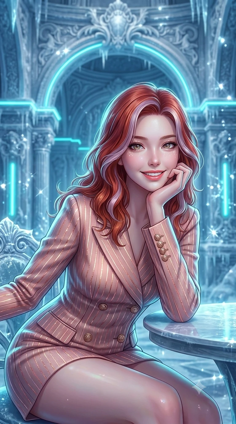 score_9, masterpiece, best quality, ultra-detailed, high-budget anime keyframe, semi-realistic 3D game render, editorial fashion photography, tasteful artistic composition, Caucasian woman. close-up cowboy shot from the waist and thighs up, the character dominates the composition, filling the frame with her large presence. resting one elbow on the table and supporting her chin, leaning close to the camera with heavy-lidded sparkling eyes and parted lips while twisting her slender torso in an alluring contrapposto stance, cyan neon pulses and ice crystal reflections wrapping around her narrow waist and curvy hips. The surrounding environment is rendered in vivid detail and crisp panoramic clarity: detailed anime keyframe lines, rich fabric textures, and monumental frozen baroque architecture in razor-sharp precision. She has an exceptionally elegant, slender, and willowy female figure with an ultra-slim waist, flat toned midriff, narrow ribcage, and sculpted feminine hips creating an alluring, slim hourglass silhouette without bulk. sharp v-shaped jawline, high-bridge nose, intricate jewel-like sparkling eyes with depth, thick eyelashes, glossy parted lips with a natural peach sheen, bright cheerful beaming smile with an enchanting and coquettish sensual glint, exuding both youthful cute charm and seductive allure, flawlessly proportioned anatomical accuracy, strict slender model proportions, natural body alignment, perfectly sculpted long slender limbs, ultra-slim waistline, clean dynamic posture without body distortion. wearing a tailored double-breasted blazer dress with subtle metallic pin-stripes and structured lapels in Solaris liquid rose-quartz and alien peach, crafted from bespoke double-faced cashmere with an exceptionally soft tactile finish, complemented by strappy stiletto sandals with metallic ankle wraps accentuating her slender calves, the bespoke structured tailoring following the natural line of her 8.5-heads silhouette with refined elegance. illuminated by polished ice stage reflection bounce and sharp cyan-silver rim lights sculpting her jawline, narrow waist, and curvy hips. highly saturated vibrant anime colors, detailed shading with soft gradients, rich glossy textures, high-contrast stereoscopic depth, volumetric dynamic lighting, master piece, 9:16 ratio
