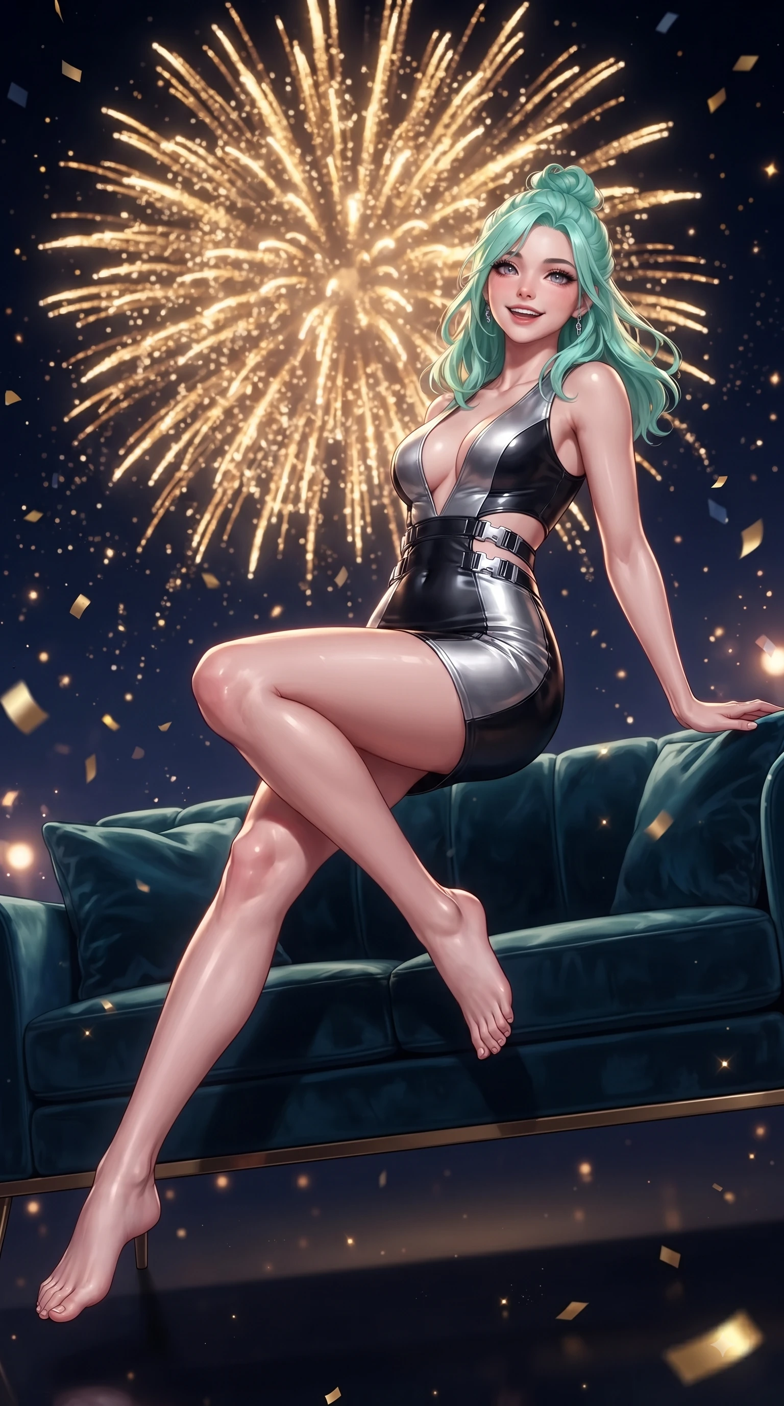score_9, masterpiece, best quality, ultra-detailed, high-budget anime keyframe, editorial fashion photography, tasteful artistic composition, Japanese woman. low angle full-body shot from head to toe showing her feet, filling the entire 9:16 vertical frame with her statuesque presence, stretching her vertical silhouette. performing a cheerful mid-air rotation with flawless poise, her radiant smile capturing pure happy energy while resting happily against a plush lounge sofa as golden fireworks burst in the night sky, sparkling confetti and golden embers drifting around her dynamic silhouette. She has an absolutely perfect, statuesque 8.5-heads proportion, an exceptionally tall and slender model-like female figure with impossibly long slender legs and an ultra-slim waist. sharp v-shaped jawline, high-bridge nose, intricate jewel-like eyes with depth, thick eyelashes, glossy lips with a natural sheen, flawlessly proportioned anatomical accuracy, natural body alignment, perfectly sculpted elegant limbs, clean dynamic posture without body distortion. wearing a liquid mercury gloss mini dress with ultra-deep V-neck and waist cutouts in matte black and polished silver, formed from sleek second-skin neoprene, detailed with polished silver buckles along the waistline, the tailored fabric tightly following every curve of her athletic build. surrounded by an electric, joyful party atmosphere with high specular shine. ultra-reflective glossy finish, specular highlights, metallic sheen, high-contrast stereoscopic depth, volumetric dynamic lighting, 2k, ultra detail, master piece, 9:16 ratio