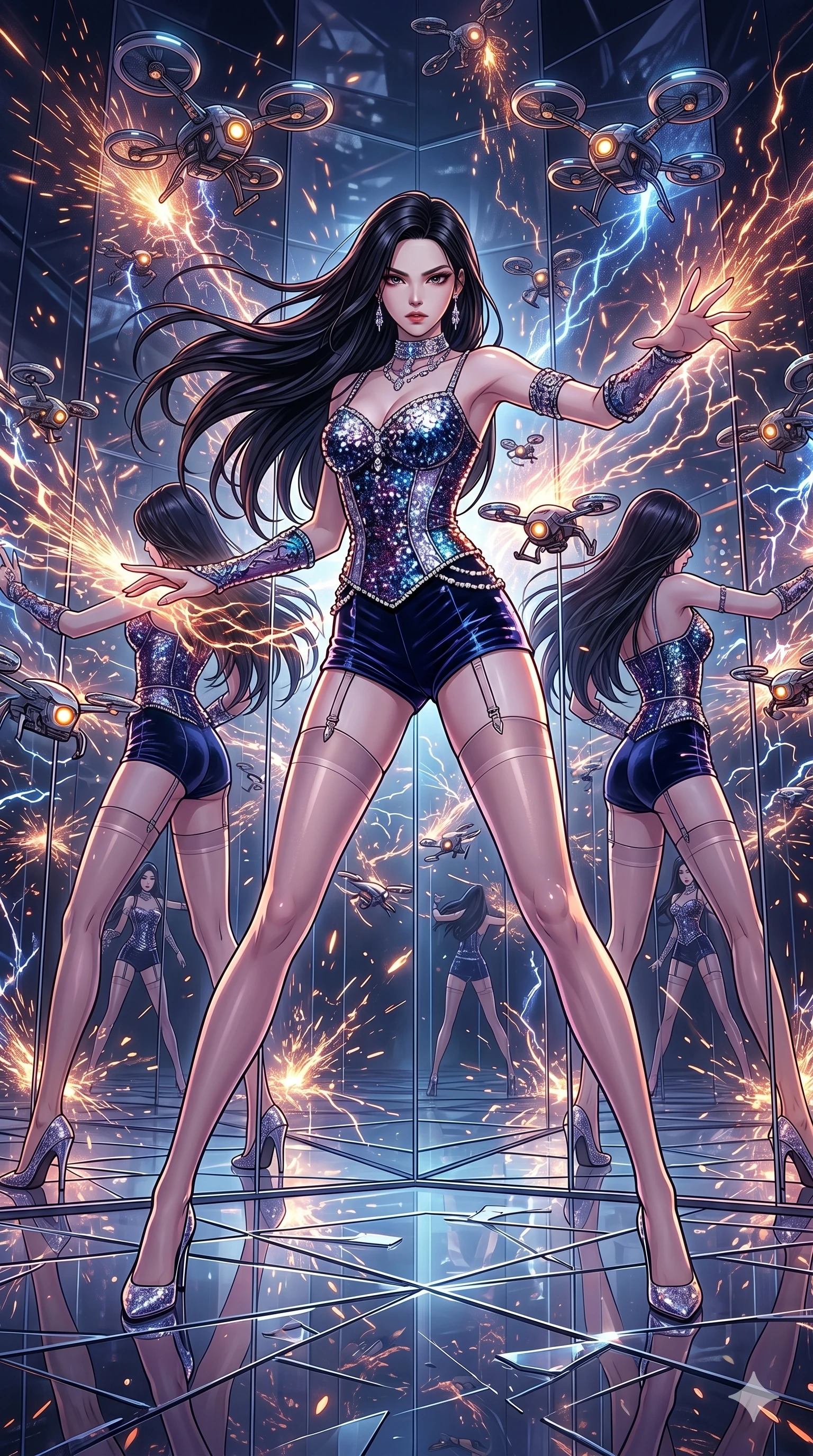 score_9, masterpiece, best quality, ultra-detailed, high-budget anime movie keyframe, cinematic anime lighting, intricate line art, Korean woman. Dynamic full-body shot stretching the vertical silhouette across the 9:16 frame. commanding a drone swarm in a infinite mirror maze in a storm of sparks. She has an absolutely perfect 8-heads proportion, an exceptionally tall and slender female figure with an ultra-slim waist and impossibly long slender legs. sharp v-shaped jawline, high-bridge nose, intricate jewel-like eyes, thick eyelashes, glossy lips. Wearing luxurious K-pop idol stage outfit featuring a sparkling sequined corset, high-cut velvet shorts, and sheer silk stockings with garter belts, accessorized with crystal chokers. The scene is illuminated by dramatic atmospheric lighting and vibrant color palettes. , 2k, ultra detail, master piece, 9:16 ratio