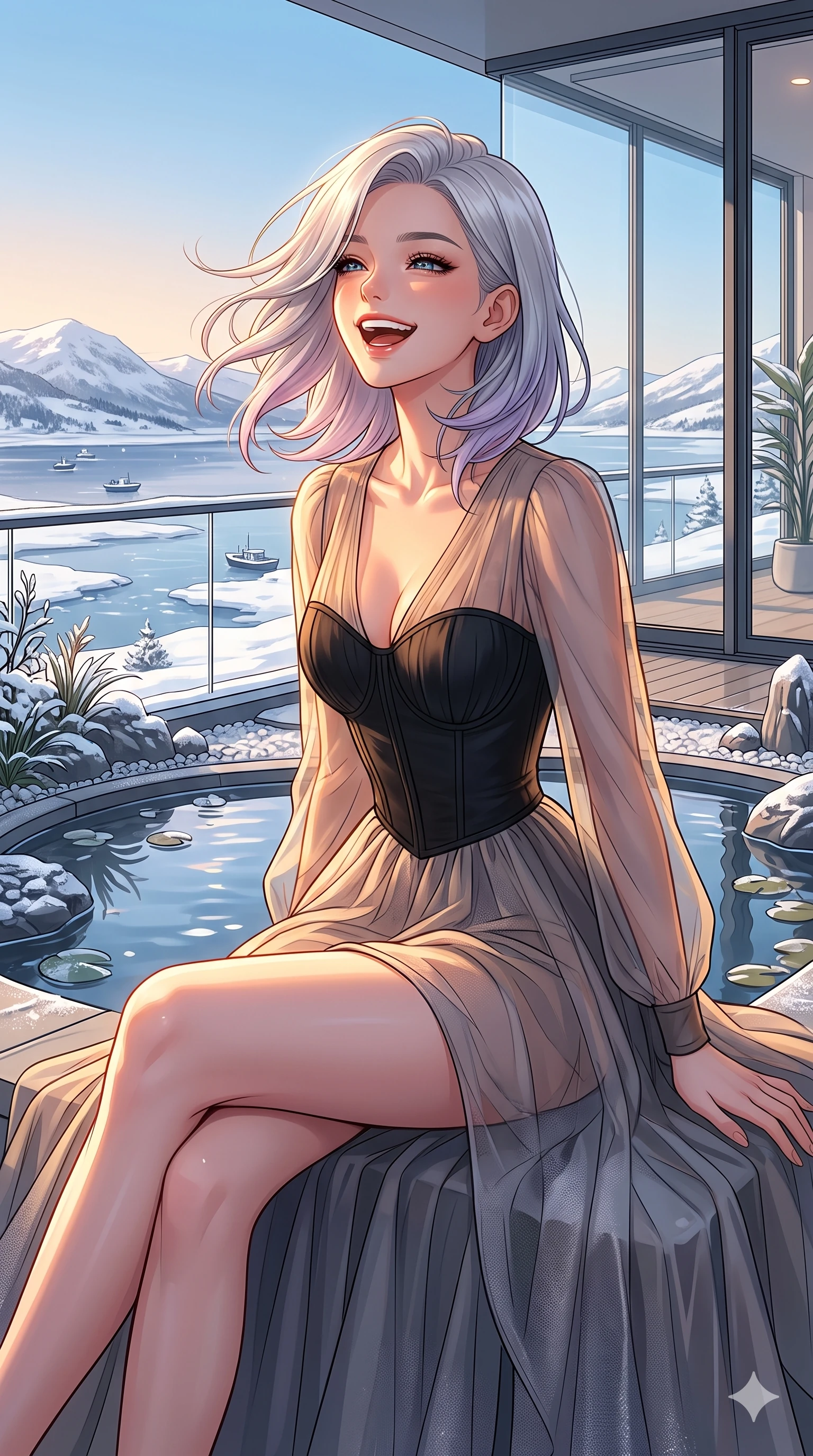 score_9, masterpiece, best quality, ultra-detailed, high-budget anime keyframe, vibrant anime aesthetic, Caucasian woman, strictly human ears. cowboy shot from the thighs up, character and outfit filling the frame for maximum presence. She is sitting by the garden pond, laughing wind-swept and happy in the winter sunbeams on a glass-walled balcony showing a snowy bay (Code-P21-145). She has an absolutely perfect 8-heads proportion, an exceptionally tall and slender female figure with impossibly long slender legs and an ultra-slim waist. V-shaped jawline, high-bridge nose, intricate jewel-like eyes with depth, thick eyelashes, glossy lips with a natural sheen. wearing a sheer chiffon dress with a black corset bodice in winter. She is bathed in warm golden hour winter sunset light, casting long shadows across her form. 2k, ultra detail, master piece, 9:16 ratio