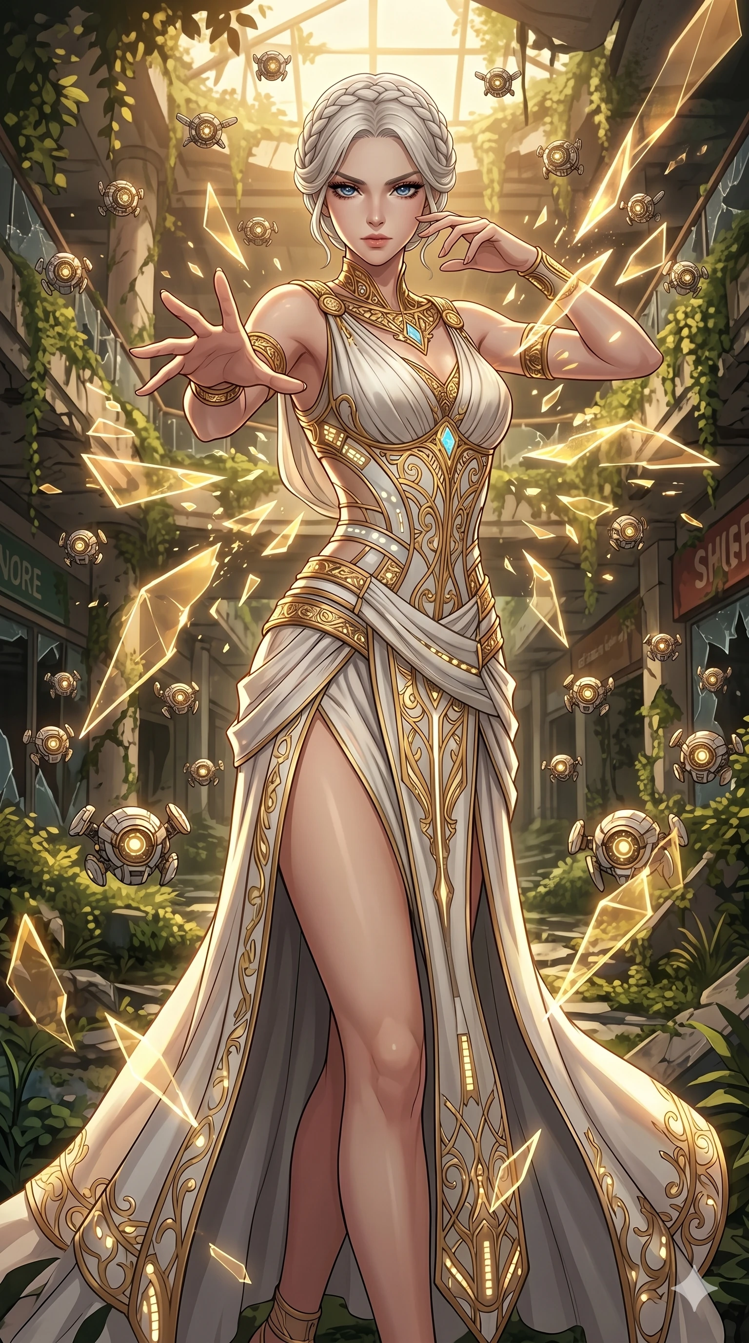 score_9, masterpiece, best quality, ultra-detailed, Set A: High-budget Anime Keyframe, Caucasian (human ears) woman. Upper body close-up from the thighs up, character filling the screen for maximum presence. Theme: Historical Remix. shattering the fabric of reality in a ruined overgrown shopping mall, surrounded by 39 hovering guardian drones. The atmosphere is filled with cinematic sunlight through leaves. She has an absolutely perfect 8-heads proportion, an exceptionally tall and slender female figure with impossibly long slender legs and an ultra-slim waist. Sharp v-shaped jawline, high-bridge nose, intricate jewel-like eyes with depth, glossy lips. Wearing Ancient Roman-style tech-toga with glowing gold filigree and a high side slit. Cinematic lighting, vivid colors, dramatic shadows, 2k, ultra detail, master piece, 9:16 ratio