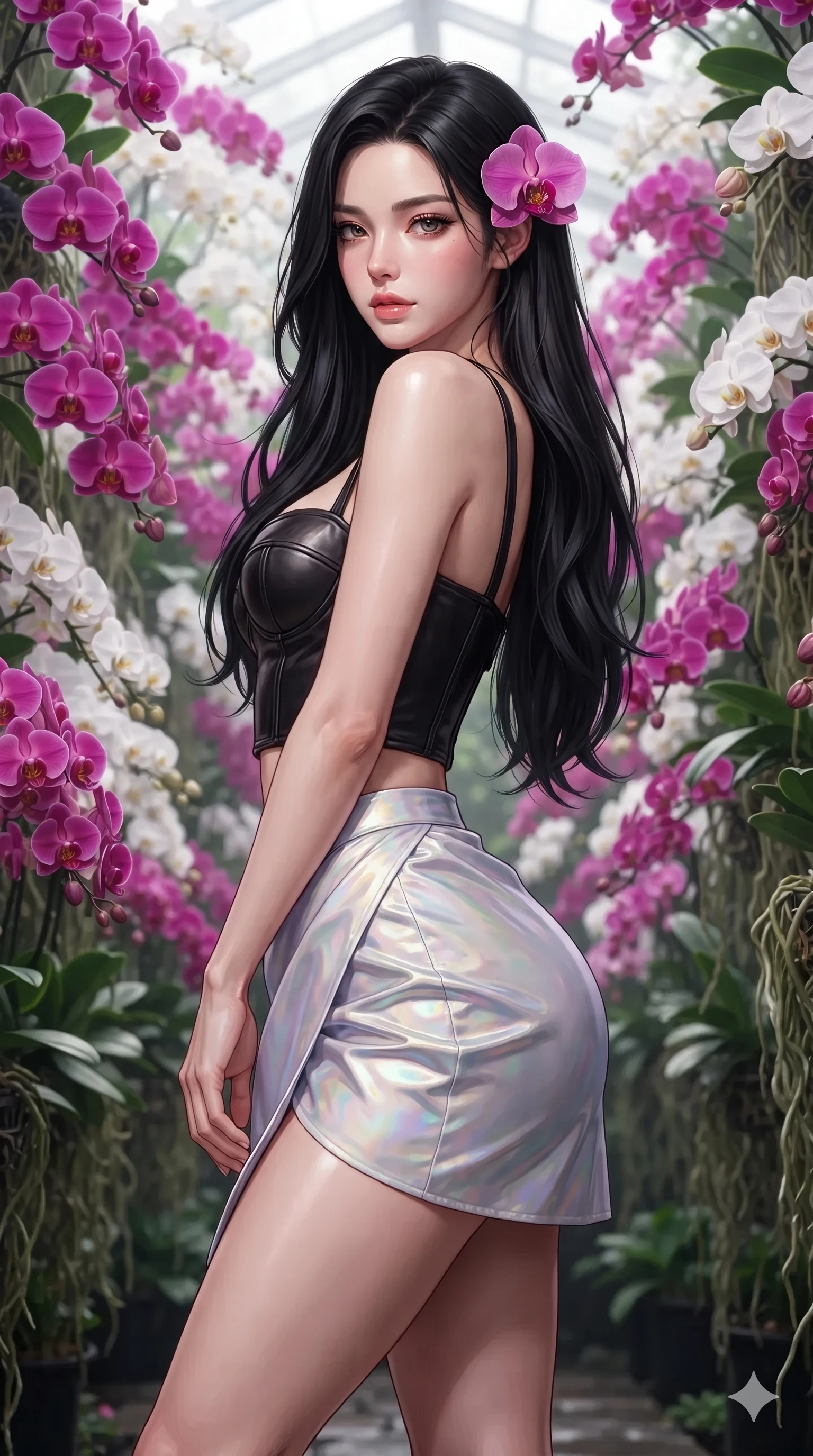 score_9, masterpiece, best quality, ultra-detailed, high-budget anime keyframe, editorial fashion photography, tasteful artistic composition, Korean woman. close-up cowboy shot from the waist and thighs up, the character dominates the composition, filling the frame with her large presence. twisting her slender torso in a deep contrapposto stance, hips dramatically shifted to accentuate her feminine curves while looking past her shoulder with smoldering bedroom-eyes while standing poised between towering vertical walls of blooming magenta orchids, arching her spine with sovereign supermodel grace. The background shows a soft-focus thousands of cascading magenta and white Phalaenopsis orchids, foggy glass trellises, and hanging roots blurred into fuchsia, white, and jade bokeh. She has an exceptionally elegant, slender, and willowy female figure with an ultra-slim waist, flat toned midriff, narrow ribcage, and sculpted feminine hips creating an alluring, slim hourglass silhouette without bulk. sharp v-shaped jawline, high-bridge nose, sparkling eyes with hypnotic seductive depth, thick curled eyelashes, glossy parted lips with a natural dewy peach sheen, alluring bedroom-eyes with an enchanting coquettish smile, exuding magnetic siren charisma and sophisticated glamour, flawlessly proportioned anatomical accuracy, strict slender model proportions, natural body alignment, perfectly sculpted long slender limbs, ultra-slim waistline, clean dynamic posture without body distortion. wearing a structured underwire leather bustier top paired with an ultra-short draped wrap mini skirt in iridescent mother-of-pearl and misty lavender, tailored from crisp high-density botanical cotton poplin with pristine structural hold, accented with a fresh-bloomed exotic magenta orchid tucked gracefully into her dark glossy hair, the impeccably tailored cut draping gracefully along her slender figure with aristocratic botanical poise. illuminated by wet flagstone bounce and sharp fuchsia-gold rim lights defining her razor-sharp jawline, narrow waist, and curvy hips. ultra-reflective glossy finish, specular highlights, rich textural contrasts, high-contrast stereoscopic depth, volumetric dynamic lighting, 2k, ultra detail, master piece, 9:16 ratio