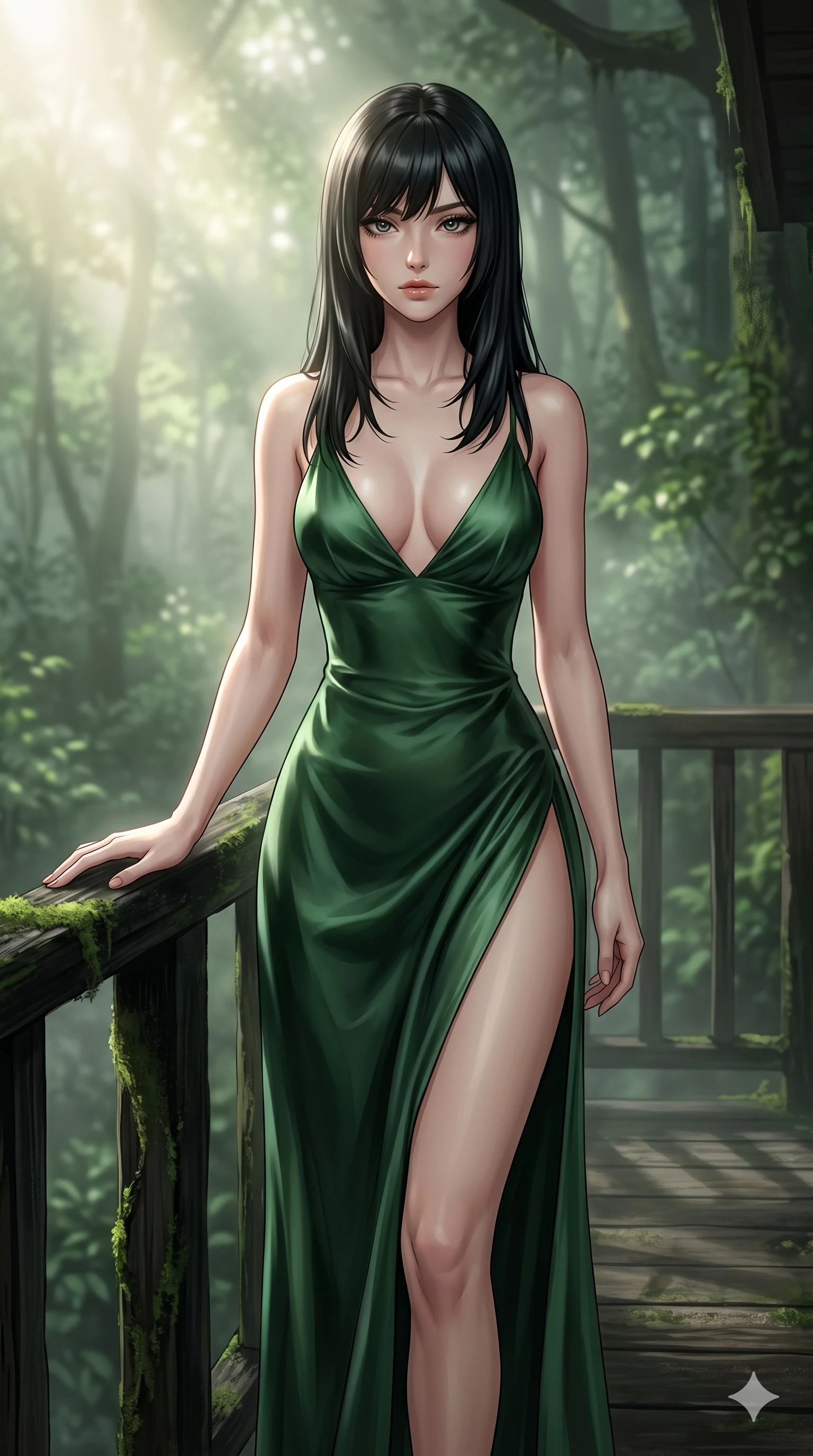 score_9, masterpiece, best quality, ultra-detailed, high-budget anime keyframe, editorial fashion photography, tasteful artistic composition, Caucasian woman, strictly human ears. cowboy shot from the thighs up, character and outfit filling the frame for maximum editorial presence. resting one hand on the wooden railing, casting a bedroom-eyes gaze directly at the camera on a secluded deck of a forest retreat with green mist (Code-P16-066). She has an absolutely perfect 8-heads proportion, an exceptionally tall and slender female figure with impossibly long slender legs and an ultra-slim waist. V-shaped jawline, high-bridge nose, intricate jewel-like eyes with depth, thick eyelashes, glossy lips with a natural sheen. wearing a forest green silk slip dress with an ultra-deep plunging V-neckline and a high side slit. soft morning sunbeams filtering through the mist, creating a soft glowing atmosphere. 2k, ultra detail, master piece, 9:16 ratio
