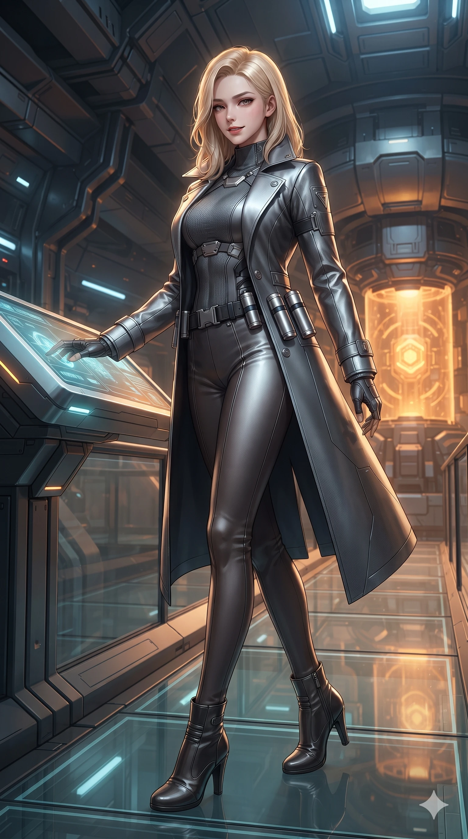 score_9, masterpiece, best quality, ultra-detailed, high-budget anime keyframe, editorial fashion photography, tasteful artistic composition, Korean woman. low angle full-body shot from head to toe showing her feet, filling the entire 9:16 vertical frame with her statuesque presence, stretching her vertical silhouette. walking slowly along the transparent glass skybridge, looking back over her shoulder with an air of effortless grace and an alluring, smoldering smile while leaning against the glowing diagnostic terminal console with hips cocked back, gazing through shimmering amber heat haze with intoxicating bedroom-eyes. The surrounding environment is rendered in vivid detail and crisp panoramic clarity: intricate ballistic microfiber weave, metallic armor clasps, and high-tech reactor machinery in razor-sharp clarity. She has an absolutely perfect, statuesque 8.5-heads proportion, an exceptionally tall and slender model-like female figure with impossibly long slender legs, an ultra-slim waist, a flat toned midriff, narrow delicate ribcage, and beautifully sculpted feminine hips creating a graceful, slim hourglass silhouette without any bulky heaviness. sharp v-shaped jawline, high-bridge nose, intricate jewel-like sparkling eyes with depth, thick eyelashes, glossy parted lips with a natural sheen, bright confident smile with an enchanting and coquettish sensual glint, exuding both youthful magnetic charm and sovereign high-tech allure, flawlessly proportioned anatomical accuracy, strict slender model proportions, natural body alignment, perfectly sculpted long slender limbs, ultra-slim waistline, clean dynamic posture without body distortion. wearing a structured aerospace commander greatcoat layered over an armored high-neck knit underlayer in metallic graphite and starlight platinum, crafted from lightweight aerodynamic matte carbon-fiber weave with structural stiffness, accented with a sleek utility belt with polished magnetic canisters resting loosely on her curvy hips, the bespoke structured tailoring following the natural line of her 8.5-heads silhouette with refined elegance. illuminated by reactor gantry reflection bounce and sharp golden-amber rim lights sculpting her razor-sharp jawline, narrow waist, and curvy hips. ultra-reflective glossy finish, specular highlights, rich textural contrasts, high-contrast stereoscopic depth, volumetric dynamic lighting, 2k, ultra detail, master piece, 9:16 ratio