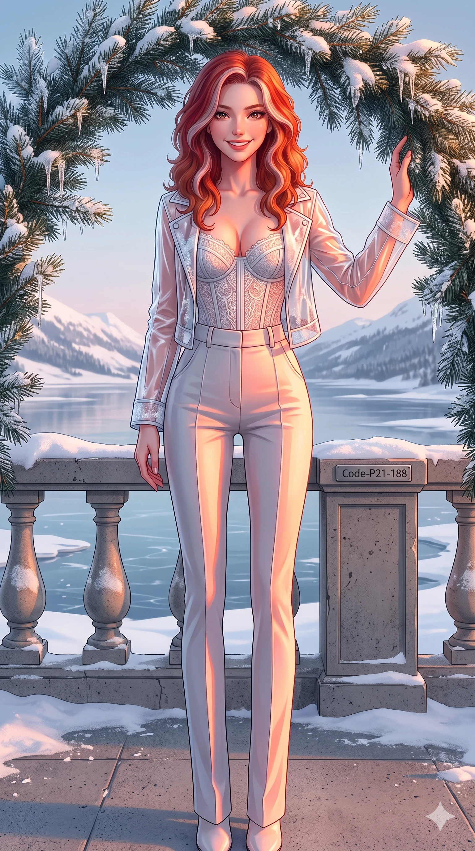 score_9, masterpiece, best quality, ultra-detailed, high-budget anime keyframe, vibrant anime aesthetic, Caucasian woman, strictly human ears. cowboy shot from the thighs up, character and outfit filling the frame for maximum presence. She is posing with a radiant, confident winter smile, resting one hand on a snow pine arch on a concrete terrace overlooking a calm snowy bay (Code-P21-188). She has an absolutely perfect 8-heads proportion, an exceptionally tall and slender female figure with impossibly long slender legs and an ultra-slim waist. V-shaped jawline, high-bridge nose, intricate jewel-like eyes with depth, thick eyelashes, glossy lips with a natural sheen. wearing a structured lace corset showing her cleavage under a transparent PVC jacket in winter. She is drenched in winter golden hour sun rays that cast a warm orange-pink highlight on her fit. 2k, ultra detail, master piece, 9:16 ratio