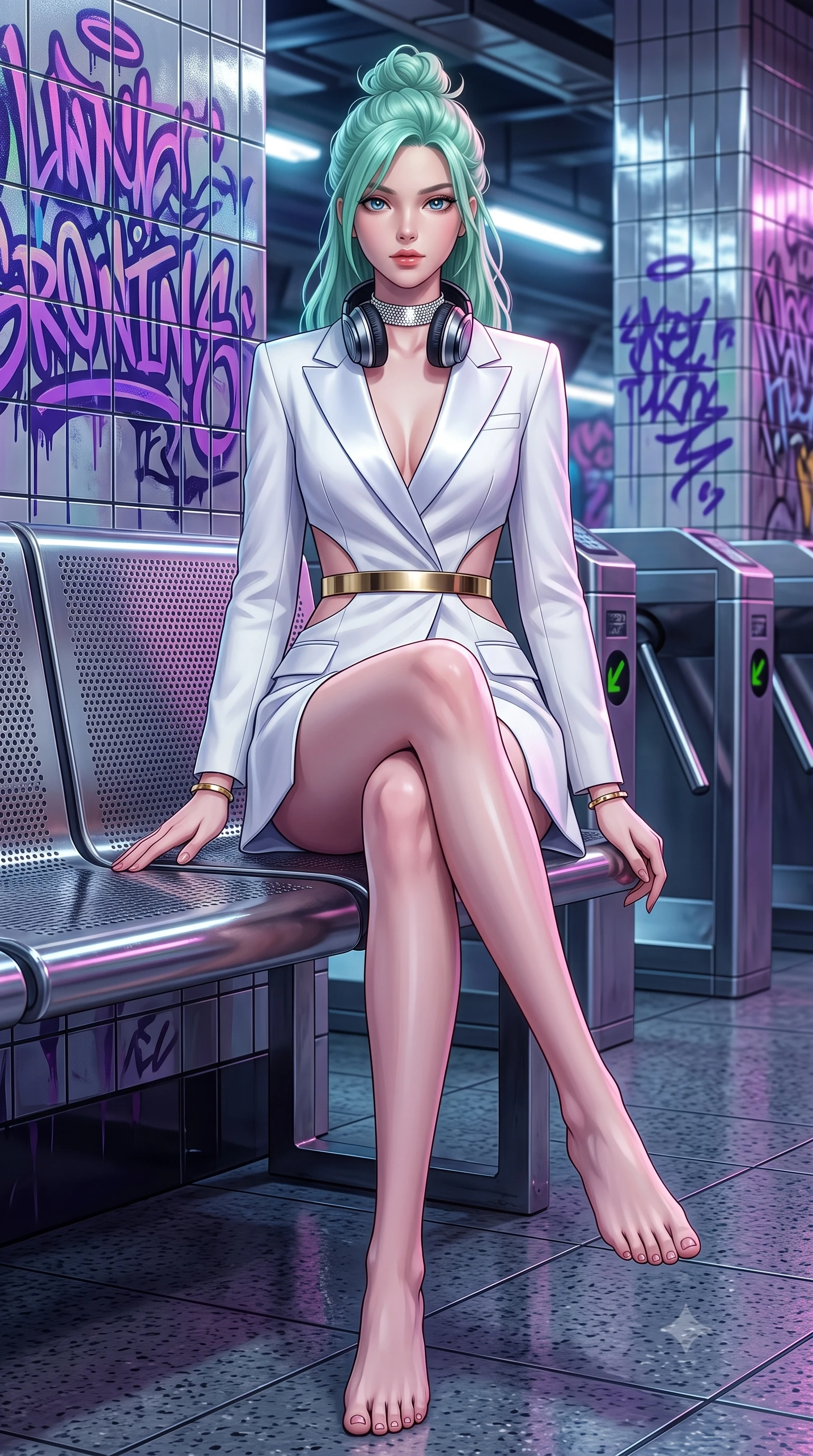score_9, masterpiece, best quality, ultra-detailed, high-budget anime keyframe, semi-realistic 3D game render, editorial fashion photography, tasteful artistic composition, Japanese woman. low angle full-body shot from head to toe showing her feet, filling the entire 9:16 vertical frame with her statuesque presence, stretching her vertical silhouette. standing poised with one hip cocked in an alluring high-fashion pose, her tall 8.5-heads proportions dominating the scene while sitting casually on a stainless steel station bench with legs crossed, headphones around her neck, looking directly into the lens. The surrounding environment is rendered in vivid detail and crisp panoramic clarity. intricate ultraviolet graffiti lettering, reflective tiled walls, and metallic turnstile textures in deep focus. She has an absolutely perfect, statuesque 8.5-heads proportion, an exceptionally tall and slender model-like female figure with impossibly long slender legs, a toned flat midriff, and an ultra-slim waist. sharp v-shaped jawline, high-bridge nose, intricate jewel-like eyes with depth, thick eyelashes, glossy lips with a natural sheen, captivating and magnetic expression, flawlessly proportioned anatomical accuracy, strict slender model proportions, natural body alignment, perfectly sculpted long slender limbs, ultra-slim waistline, clean dynamic posture without body distortion. wearing a chic tailored white tuxedo jacket dress with satin lapels and an ultra-slim waist-cinching gold belt in pristine royal white and brushed gold, made of structured fine wool crepe and liquid silk satin, accessorized with a bold diamond choker and minimalist gold cuffs edition #21, the precision-cut daring openings accentuating her delicate midriff, graceful bare collarbones, and ultra-slim feminine waistline. surrounded by an edgy, electrifying, and irresistibly cool cyber-street idol aura. highly saturated vibrant anime colors, detailed shading with soft gradients, rich glossy textures, high-contrast stereoscopic depth, volumetric dynamic lighting, master piece, 9:16 ratio