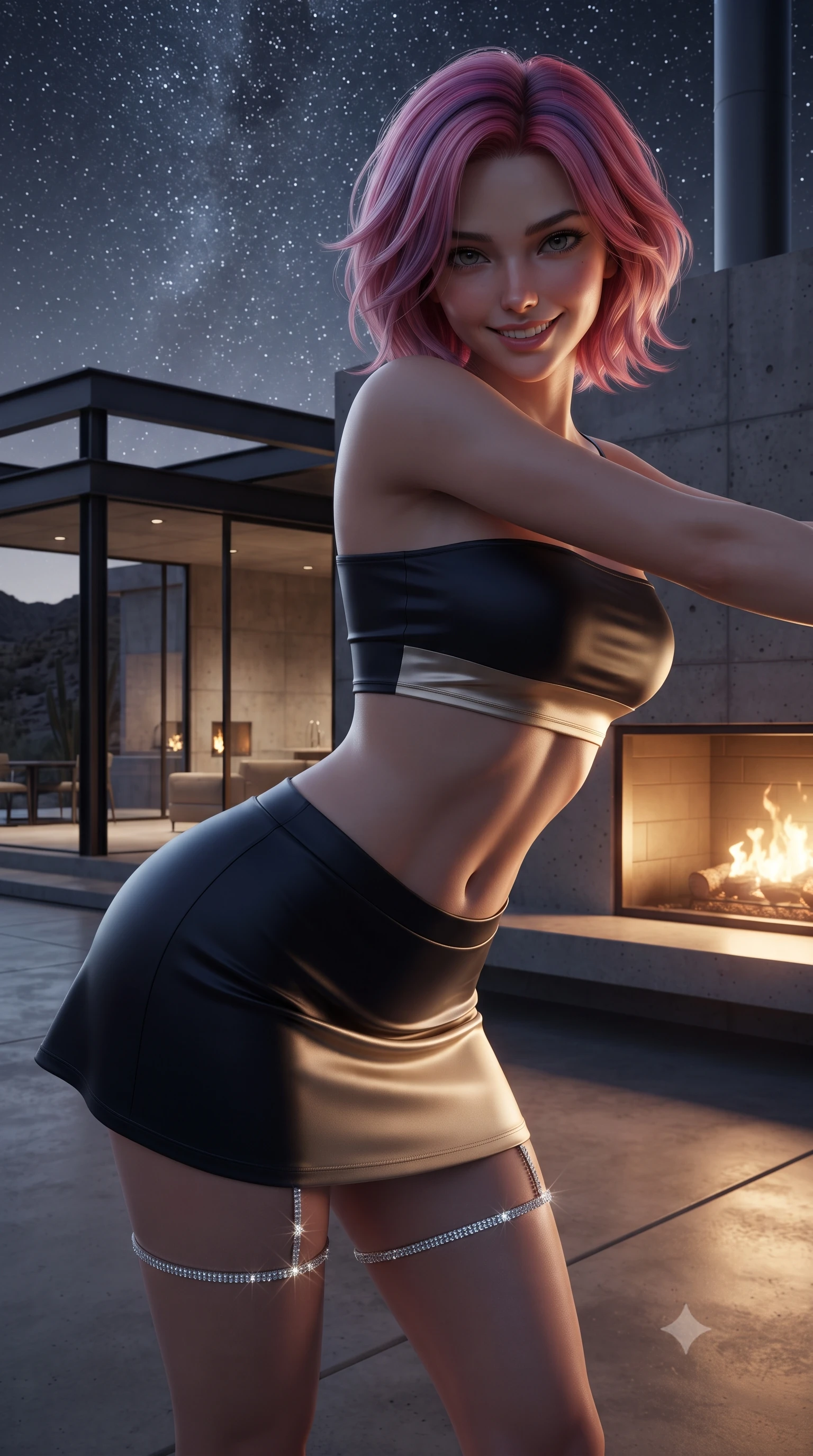 score_9, masterpiece, best quality, ultra-detailed, high-budget anime keyframe, editorial fashion photography, tasteful artistic composition, Caucasian woman. close-up cowboy shot from the waist and thighs up, the character dominates the composition, filling the frame with her large presence. leaning forward while arching her lower back to accentuate her curvy hips, looking into the camera with an intoxicating smoldering gaze and bedroom-eyes while twisting her slender torso in an alluring contrapposto stance on the concrete deck, starlight and interior fireplace glows tracing her flat midriff. The surrounding environment is rendered in vivid detail and crisp panoramic clarity: detailed garment tailoring, bodycon or sheer fit, and desert modernist engineering in razor-sharp precision. She has an exceptionally elegant, slender, and willowy female figure with an ultra-slim waist, flat toned midriff, narrow ribcage, and sculpted feminine hips creating an alluring, slim hourglass silhouette without bulk. sharp v-shaped jawline, high-bridge nose, intricate jewel-like sparkling eyes with depth, thick eyelashes, glossy parted lips with a natural peach sheen, bright cheerful beaming smile with an enchanting and coquettish sensual glint, exuding both youthful cute charm and seductive allure, flawlessly proportioned anatomical accuracy, strict slender model proportions, natural body alignment, perfectly sculpted long slender limbs, ultra-slim waistline, clean dynamic posture without body distortion. wearing an ultra-cropped fitted bandeau top paired with a micro mini tennis skirt revealing her flat midriff in deep midnight obsidian black and champagne gold, made of fluid liquid jersey with seamless sculpting hold and smooth contours, finished with delicate crystal-encrusted thigh garter straps glinting in the dim light, the bespoke structured tailoring following the natural line of her 8.5-heads silhouette with refined elegance. bathed in the brilliant silver starlight of the unpolluted Mojave sky contrasted with warm 2200K interior fireplace glows. ultra-reflective glossy finish, specular highlights, rich textural contrasts, high-contrast stereoscopic depth, volumetric dynamic lighting, 2k, ultra detail, master piece, 9:16 ratio