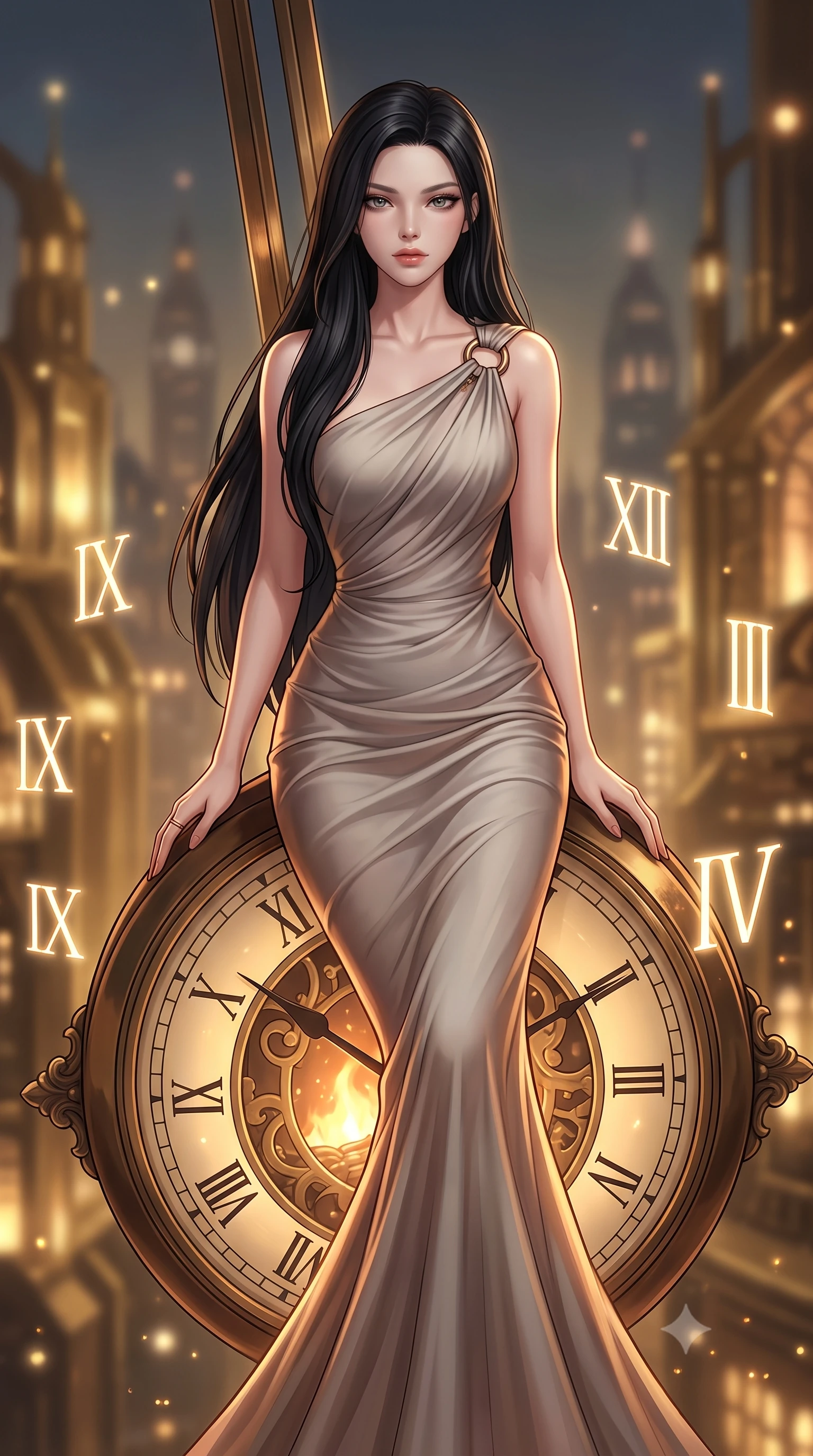 score_9, masterpiece, best quality, ultra-detailed, high-budget anime keyframe, editorial fashion photography, tasteful artistic composition, Korean woman. close-up cowboy shot from the waist and thighs up, the character dominates the composition, filling the frame with her large presence, background elements kept in soft focus. Leaning slightly forward with a composed, seductive gaze under soft glowing light poised on a massive mechanical clock pendulum swinging over a golden city, glowing neon clock numbers floating in the air with vintage elegancy. She has an exceptionally elegant, slender, and willowy female figure with an ultra-slim waist, a gracefully sculpted slender torso, and a refined silhouette. sharp v-shaped jawline, high-bridge nose, intricate jewel-like eyes with depth, thick eyelashes, glossy lips with a natural sheen. wearing an elegant Grecian draped chiffon gown with an asymmetrical shoulder strap and ring detail, the sleek second-skin texture accentuating her magnetic presence. surrounded by warm hearth light and dramatic bronze rim highlights. highly saturated vibrant anime colors, detailed shading with soft gradients, rich glossy textures, high-contrast stereoscopic depth, volumetric dynamic lighting, master piece, 9:16 ratio