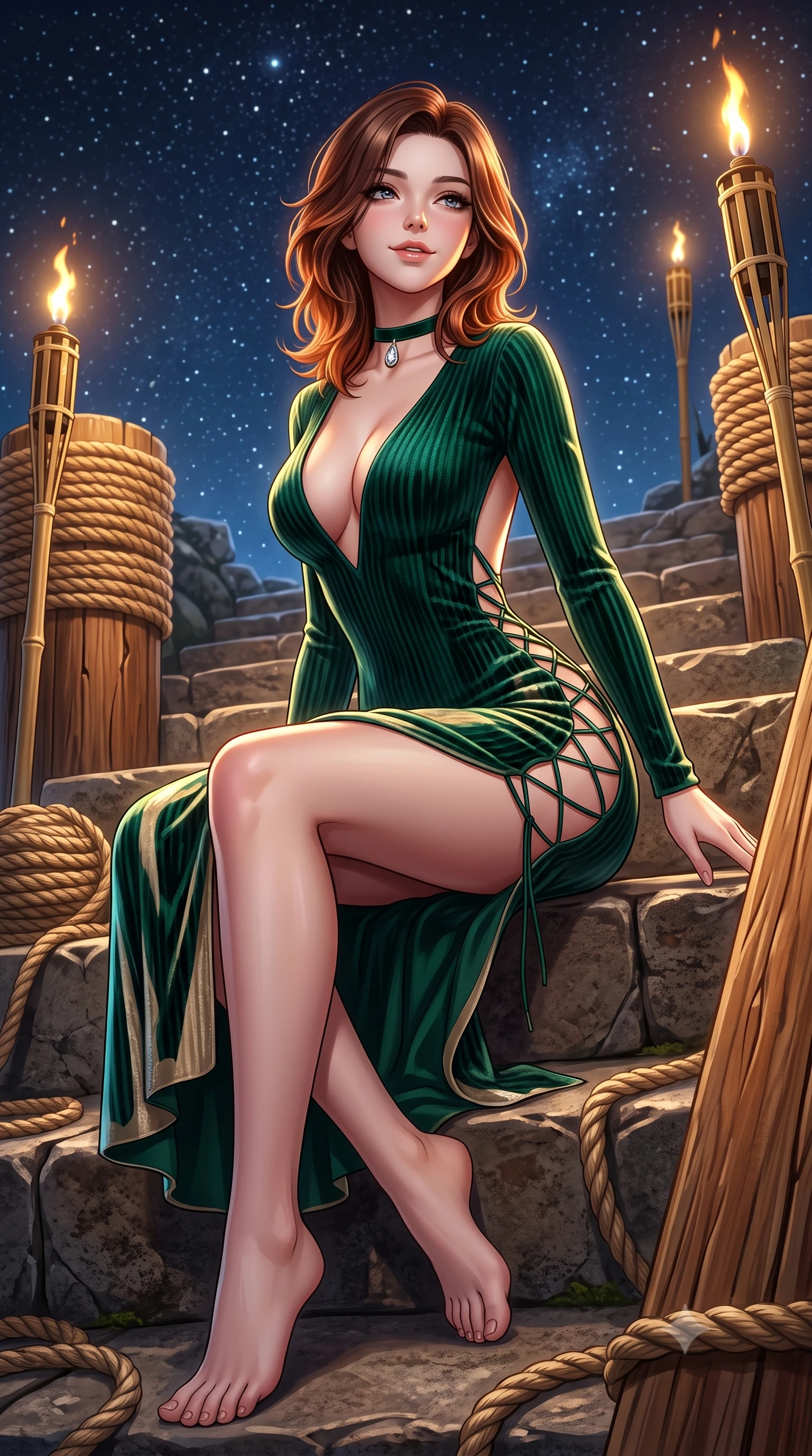 score_9, masterpiece, best quality, ultra-detailed, high-budget anime keyframe, semi-realistic 3D game render, editorial fashion photography, tasteful artistic composition, Korean woman. low angle full-body shot from head to toe showing her feet, filling the entire 9:16 vertical frame with her statuesque presence, stretching her vertical silhouette. sitting poised on the stone steps with one knee bent, arching her spine with supermodel elegance as she glances upward through thick eyelashes while twisting her slender torso in an alluring contrapposto stance, flickering bamboo torches and starlight sculpting highlights on her silhouette. The surrounding environment is rendered in vivid detail and crisp panoramic clarity: sharp teak wood plank grain, thick natural manila rope fibers, and flickering torch bamboo joints in deep focus. She has an absolutely perfect, statuesque 8.5-heads proportion, an exceptionally tall and slender model-like female figure with impossibly long slender legs, an ultra-slim waist, a flat toned midriff, narrow delicate ribcage, and beautifully sculpted feminine hips creating a graceful, slim hourglass silhouette without any bulky heaviness. sharp v-shaped jawline, high-bridge nose, sparkling eyes with hypnotic seductive depth, thick curled eyelashes, glossy parted lips with a natural dewy peach sheen, alluring bedroom-eyes with an enchanting coquettish smile, exuding magnetic siren charisma and sophisticated glamour, flawlessly proportioned anatomical accuracy, strict slender model proportions, natural body alignment, perfectly sculpted long slender limbs, ultra-slim waistline, clean dynamic posture without body distortion. wearing a plunging V-neck fine rib-knit sweater dress with daring side-lace openings tracing her hip curve in Monaco casino emerald and royal champagne, tailored from ultra-plush velvet with rich tactile depth and deep shadow gradients, finished with a thin velvet ribbon choker and a single teardrop diamond pendant, the precision-cut side openings and low-back scoop framing her graceful spine and the sensual sweep of her slim, toned hips. illuminated by polished teak reflection bounce and sharp flame-gold rim lights defining her razor-sharp jawline, narrow waist, and curvy hips. highly saturated vibrant anime colors, detailed shading with soft gradients, rich glossy textures, high-contrast stereoscopic depth, volumetric dynamic lighting, master piece, 9:16 ratio