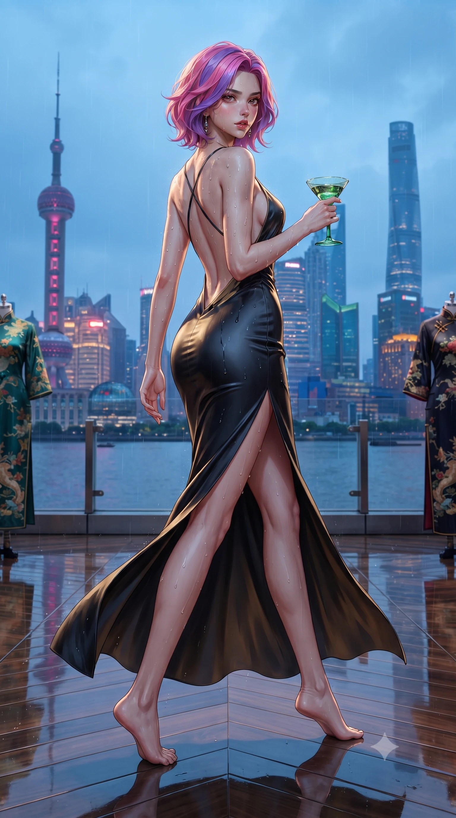 score_9, masterpiece, best quality, ultra-detailed, high-budget anime keyframe, editorial fashion photography, tasteful artistic composition, Caucasian woman. low angle full-body shot from head to toe showing her feet, filling the entire 9:16 vertical frame with her statuesque presence, stretching her vertical silhouette. striding forward in a proud supermodel runway stride, hips swaying in an alluring kinetic rhythm that accentuates her curvy hourglass silhouette while standing poised on the high-gloss parquet terrace, twisting her slender torso in an alluring S-curve while holding a jade-stemmed glass. The surrounding environment is rendered in vivid detail and crisp panoramic clarity. detailed embroidered silk dress patterns, raindrops on skin, and river water ripples in high resolution. She has an exceptionally tall and slender model-like 8.5-heads proportion, an ultra-slim waist, a flat toned midriff, narrow delicate ribcage, and beautifully sculpted feminine hips creating a graceful, slim hourglass silhouette without any bulky heaviness, with impossibly long slender legs. sharp v-shaped jawline, high-bridge nose, intricate jewel-like eyes with depth, thick eyelashes, glossy parted lips with a natural sheen, intensely captivating and seductive bedroom-eyes expression, flawlessly proportioned anatomical accuracy, strict slender model proportions, natural body alignment, perfectly sculpted long slender limbs, ultra-slim waistline, clean dynamic posture without body distortion. wearing a liquid-silk jersey evening gown with an ultra-deep plunging open back descending to the base of her spine and a sculpted hip-hugging skirt in midnight obsidian black and liquid gold, tailored from liquid silk jersey adhering flawlessly to her slender build, finished with criss-cross back satin straps highlighting her graceful shoulder blades, the second-skin form-contouring cut accentuating her sculpted flat midriff, narrow delicate ribcage, and gracefully curvy hips with supermodel precision. surrounded by a sovereign, enigmatic, and breathlessly seductive Shanghai heiress aura. ultra-reflective glossy finish, specular highlights, rich textural contrasts, high-contrast stereoscopic depth, volumetric dynamic lighting, 2k, ultra detail, master piece, 9:16 ratio