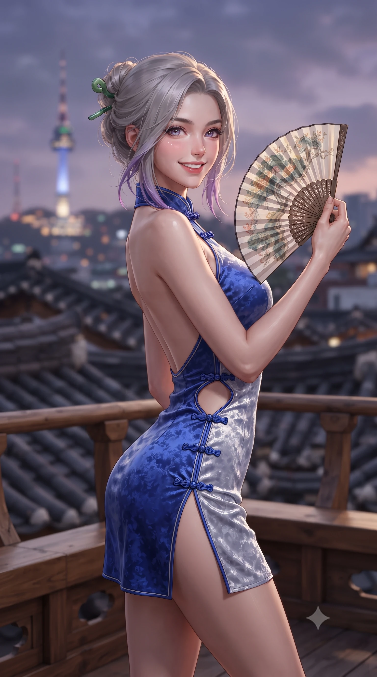 score_9, masterpiece, best quality, ultra-detailed, high-budget anime keyframe, editorial fashion photography, tasteful artistic composition, Caucasian woman. close-up cowboy shot from the waist and thighs up, the character dominates the composition, filling the frame with her large presence. playfully unfurling a painted silk fan toward the lens, her radiant smile capturing fresh girlhood charm while her arched torso reveals an intoxicating hip contour while standing poised on the open timber rooftop terrace overlooking sweeping waves of tiled hanok roofs, arching her back with high-fashion supermodel glamour. The background shows a soft-focus layers of traditional curved clay-tiled hanok eaves and the illuminated Seoul N Tower against twilight purple sky blurred into violet, amber, and slate bokeh. She has an exceptionally elegant, slender, and willowy female figure with an ultra-slim waist, flat toned midriff, narrow ribcage, and sculpted feminine hips creating an alluring, slim hourglass silhouette without bulk. sharp v-shaped jawline, high-bridge nose, intricate jewel-like dark sparkling almond eyes with depth, thick lashes, glossy parted lips with a natural rose-plum sheen, bright alluring and coquettish smile with bedroom-eyes, exuding both timeless oriental elegance and sovereign high-fashion allure, flawlessly proportioned anatomical accuracy, strict slender model proportions, natural body alignment, perfectly sculpted long slender limbs, ultra-slim waistline, clean dynamic posture without body distortion. wearing a backless halter qipao mini dress with delicate frog-button closures and side waist cutouts framing her hourglass curves in royal cobalt blue and starlight platinum, crafted from sumptuous crushed winter velvet with deep light-absorbing plushness, featuring a modern sculptural jade hair pin securing her loose silky updo, the precision-cut side hip slits and low-back scoop framing her graceful spine and the sensual sweep of her slim, toned hips. illuminated by city skyline bokeh bounce and sharp champagne rim lighting sculpting her razor-sharp jawline, narrow waist, and curvy hips. ultra-reflective glossy finish, specular highlights, rich textural contrasts, high-contrast stereoscopic depth, volumetric dynamic lighting, 2k, ultra detail, master piece, 9:16 ratio