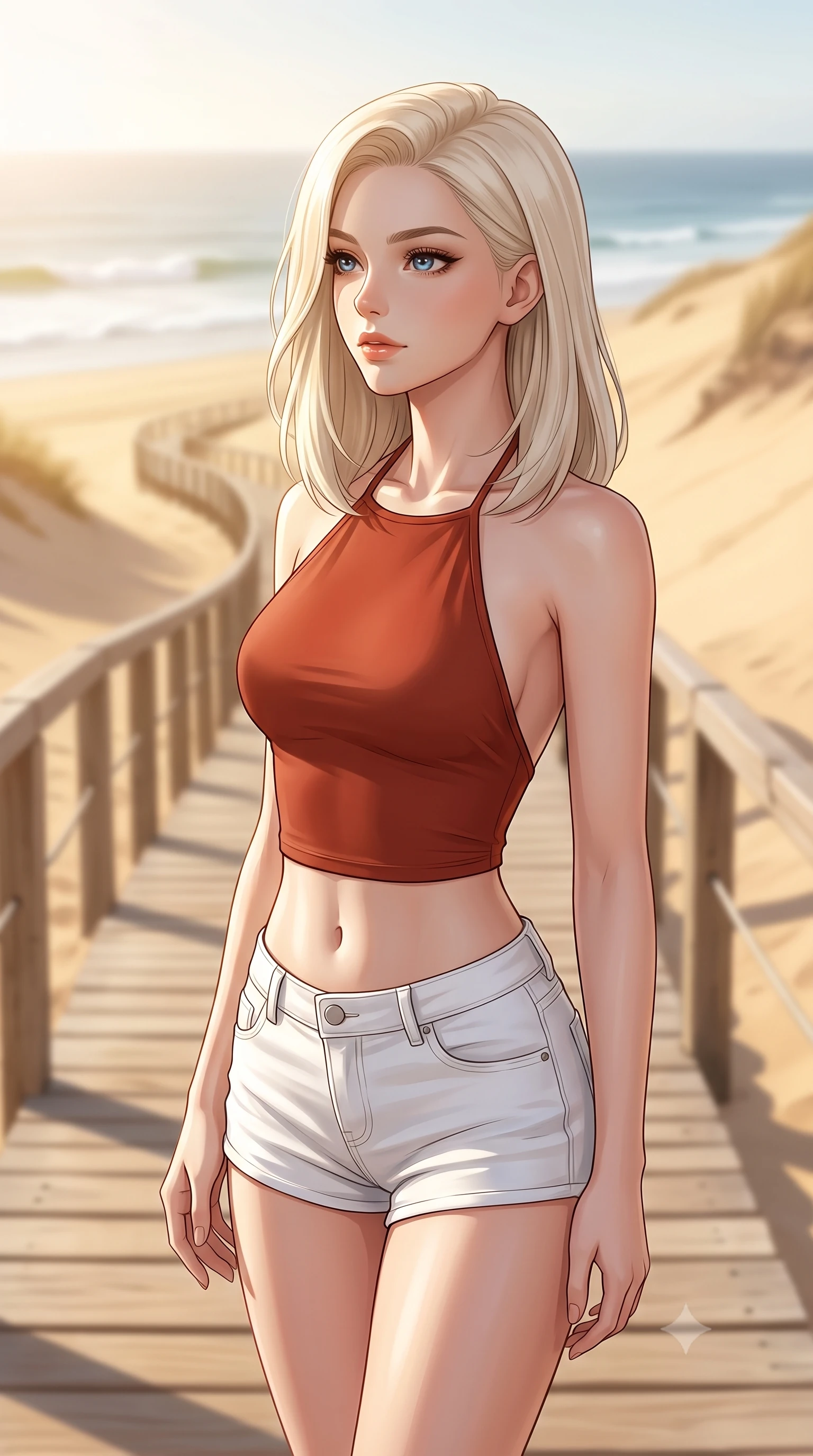 score_9, masterpiece, best quality, ultra-detailed, high-budget anime keyframe, editorial fashion photography, tasteful artistic composition, Caucasian woman woman. close-up cowboy shot from the waist and thighs up, the character dominates the composition, filling the frame with her large presence, background elements kept in soft focus. looking past the camera with a peaceful, thoughtful gaze, enjoying the warm sunlight the background shows a soft-focus a wooden boardwalk winding through massive sand dunes with ocean waves in soft focus. She has an exceptionally elegant, slender, and willowy female figure with an ultra-slim waist, a gracefully sculpted slender torso, and a refined silhouette. sharp v-shaped jawline, high-bridge nose, intricate jewel-like eyes with depth, thick eyelashes, glossy lips with a natural sheen. wearing a tailored backless halter top in terracotta red, paired with white denim micro-shorts. bright midday sunbeams coloring the sands in clean golden hues. 2k, ultra detail, master piece, 9:16 ratio