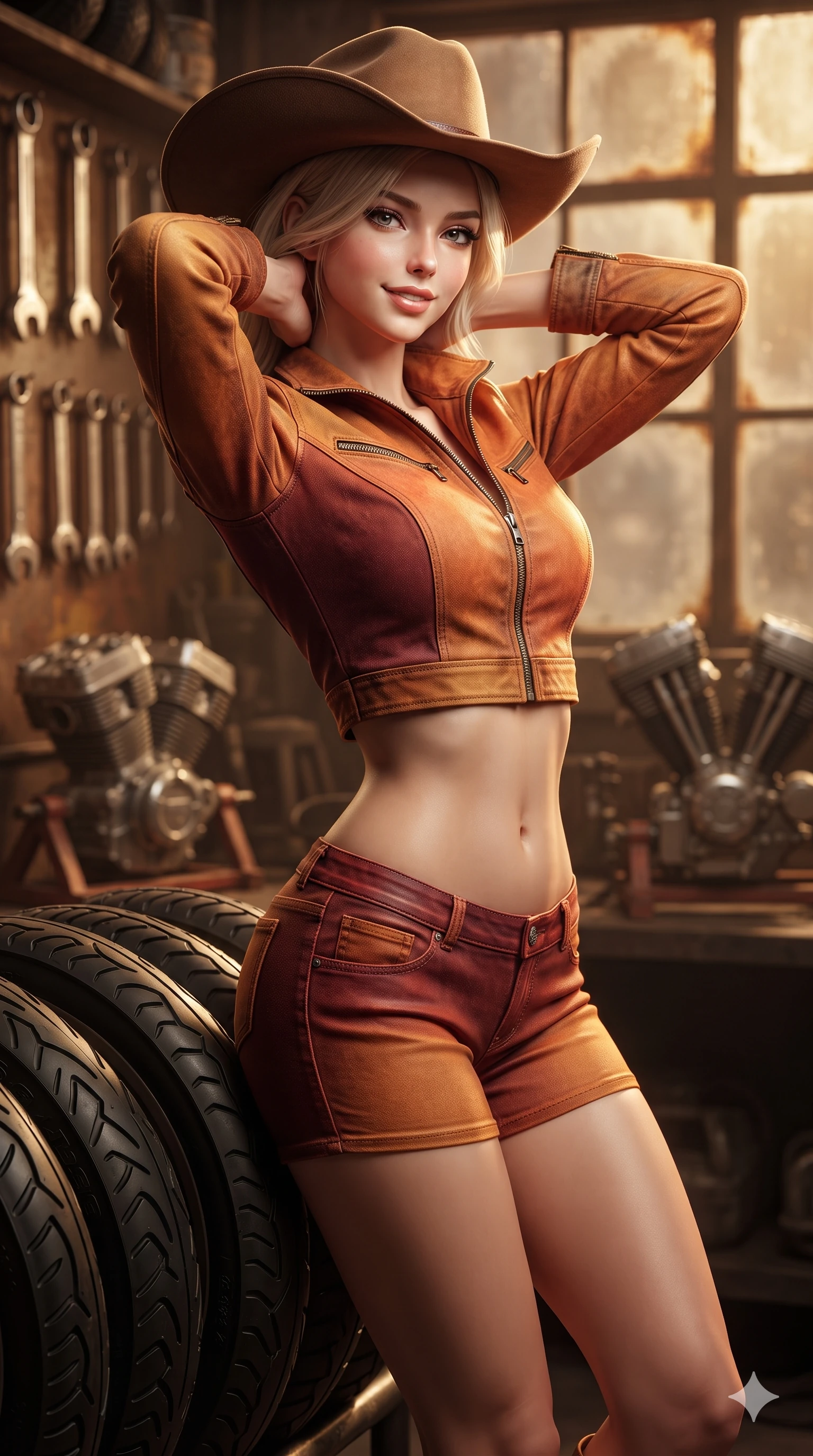 score_9, masterpiece, best quality, ultra-detailed, high-budget anime keyframe, editorial fashion photography, tasteful artistic composition, Caucasian woman. close-up cowboy shot from the waist and thighs up, the character dominates the composition, filling the frame with her large presence. resting both hands lightly behind her neck with elbows raised, arching her spine to highlight her narrow waist, flat midriff, and breathtaking collarbones while standing in a tall, confident posture beside a stacked row of motorcycle tires, stretching her statuesque body as she arches her lower back to emphasize her curvy hips. The background shows a soft-focus hanging wrenches, motorcycle engine blocks on stands, and dusty window panes blurred into rust, brass, and golden ochre bokeh. She has an exceptionally elegant, slender, and willowy female figure with an ultra-slim waist, flat toned midriff, narrow ribcage, and sculpted feminine hips creating an alluring, slim hourglass silhouette without bulk. sharp v-shaped jawline, high-bridge nose, sparkling eyes with hypnotic seductive depth, thick curled eyelashes, glossy parted lips with a natural dewy peach sheen, alluring bedroom-eyes with an enchanting coquettish smile, exuding magnetic siren charisma and sophisticated glamour, flawlessly proportioned anatomical accuracy, strict slender model proportions, natural body alignment, perfectly sculpted long slender limbs, ultra-slim waistline, clean dynamic posture without body distortion. wearing a modern two-piece desert outlaw set featuring a zip-front crop jacket and curve-hugging low-rise biker shorts in blazing desert sunset orange and deep canyon crimson, crafted from rugged heavy-duty canvas and oiled leather with authentic desert durability, finished with a wide-brimmed felt cowboy hat tipped back to frame her face and long glossy hair, the glove-like clinging cut tightly following the natural contour of her hips and long slender legs with youthful 8.5-heads elegance. illuminated by polished metal tool bounce and sharp amber-gold rim lights defining her razor-sharp jawline, narrow waist, and curvy hips. ultra-reflective glossy finish, specular highlights, rich textural contrasts, high-contrast stereoscopic depth, volumetric dynamic lighting, 2k, ultra detail, master piece, 9:16 ratio