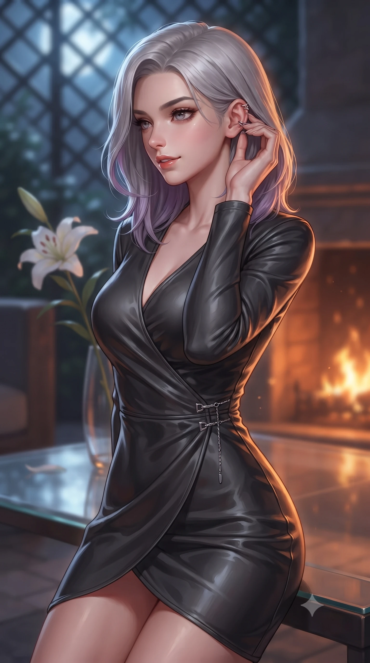 score_9, masterpiece, best quality, ultra-detailed, high-budget anime keyframe, editorial fashion photography, tasteful artistic composition, Caucasian woman. close-up cowboy shot from the waist and thighs up, the character dominates the composition, filling the frame with her large presence, background elements kept in soft focus. adjusting her delicate ear cuff with a captivating half-smile, her profile highlighted by a dramatic rim light set against a soft-focus background of inside an exclusive moonlit garden terrace with a single long-stemmed white lily resting against a polished glass surface. She has an exceptionally elegant, slender, and willowy female figure with an ultra-slim waist, a gracefully sculpted slender torso, and a refined silhouette. sharp v-shaped jawline, high-bridge nose, intricate jewel-like eyes with depth, thick eyelashes, glossy lips with a natural sheen. wearing body-hugging charcoal glossy leather sleek long-sleeve silk wrap dress contouring her ultra-slim waist elegantly accented with delicate silver hardware. bathed in cozy, flickering fireplace light that paints the room in a warm orange wash. highly saturated vibrant anime colors, detailed shading with soft gradients, rich glossy textures, high-contrast stereoscopic depth, volumetric dynamic lighting, master piece, 9:16 ratio