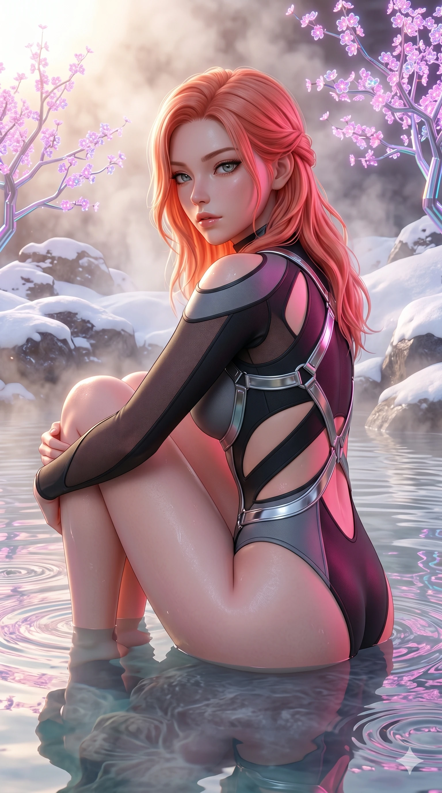 score_9, masterpiece, best quality, ultra-detailed, high-budget anime keyframe, semi-realistic 3D game render, Japanese woman. Upper body close-up from the thighs up, character filling the screen for maximum presence. She is relaxing in a futuristic geothermal hot spring surrounded by snow and neon cherry trees. She wraps her arms around her knees, looking over her shoulder with bedroom eyes. She has an absolutely perfect 8-heads proportion, an exceptionally tall and slender female figure with impossibly long slender legs and an ultra-slim waist. V-shaped jawline, high-bridge nose, intricate jewel-like eyes with depth, thick eyelashes, glossy lips with a natural sheen. She is wearing an ultra-sleek high-cut tech-bodysuit featuring dangerous diagonal slitted cutouts on the midriff and shoulders, reinforced by a metallic silver harness and sheer mesh sleeves. The scene is bathed in soft morning sun filtering through dense steam and a sharp pink neon key light. 2k, ultra detail, master piece, 9:16 ratio