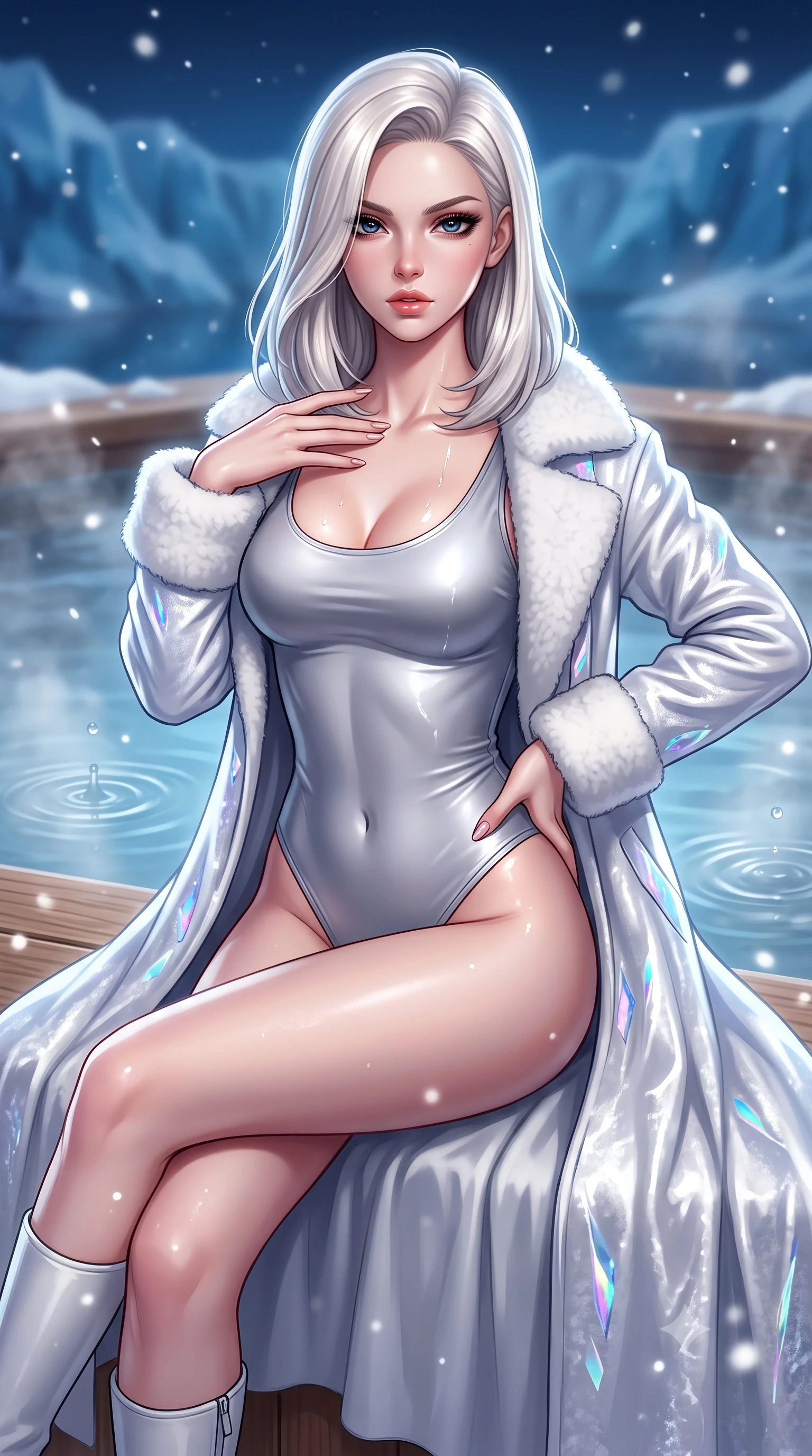 score_9, masterpiece, best quality, ultra-detailed, high-budget anime keyframe, semi-realistic 3D game render, editorial fashion photography, tasteful artistic composition, Caucasian woman. close-up cowboy shot from the waist and thighs up, the character dominates the composition, filling the frame with her large presence. resting one manicured hand delicately on her bare collarbone, her upper body twisting in a fluid, voluptuous yet slender curve while sitting on the cedar edge of a steaming outdoor onsen overlooking blue midnight glaciers, one hand resting on her bare hip. The composition keeps background elements in soft focus with creamy bokeh. thermal water droplet ripples and drifting snow particles scattering soft luminous light motes. She has an exceptionally elegant, slender, and willowy female figure with an ultra-slim waist, a gracefully sculpted slender torso, toned flat midriff, and a refined slim silhouette. sharp v-shaped jawline, high-bridge nose, intricate jewel-like eyes with depth, thick eyelashes, glossy parted lips with a natural sheen, intensely captivating and seductive expression, flawlessly proportioned anatomical accuracy, strict slender model proportions, natural body alignment, perfectly sculpted long slender limbs, ultra-slim waistline, clean dynamic posture without body distortion. wearing a luxurious satin thermal leotard layered under a sweeping floor-length white shearling coat in crystalline holographic opal and pure white, crafted from crushed silk velvet with liquid frost-like luster, complemented by plush shearling wrist warmers and stiletto snow boots, the sweeping couture drape swaying majestically with her steps, accentuating her tall statuesque limbs and slender waistline. illuminated by wet specular highlights accentuating her slender neckline, sculpted waist, and curves. highly saturated vibrant anime colors, detailed shading with soft gradients, rich glossy textures, high-contrast stereoscopic depth, volumetric dynamic lighting, master piece, 9:16 ratio