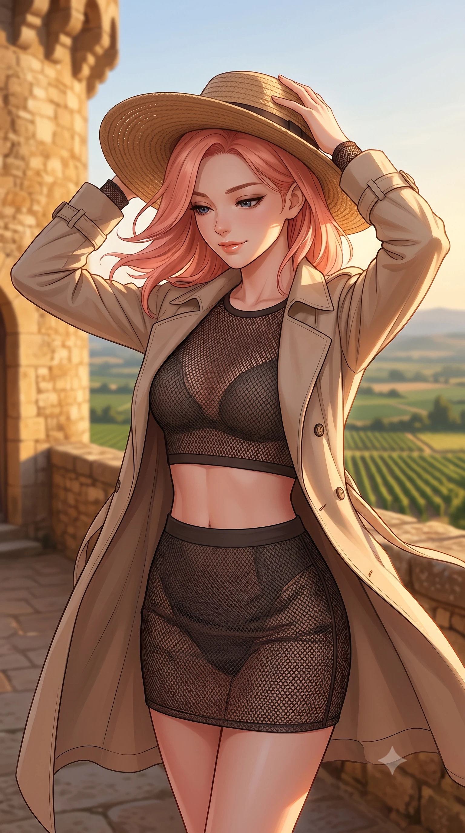 score_9, masterpiece, best quality, ultra-detailed, high-budget anime keyframe, editorial fashion photography, tasteful artistic composition, Japanese woman woman. close-up cowboy shot from the waist and thighs up, the character dominates the composition, filling the frame with her large presence, background elements kept in soft focus. holding a wide-brimmed straw hat with both hands against the breeze, looking down with a soft smile the background shows a soft-focus a stone terrace of an old castle, looking down at a vast valley of green vineyards. She has an exceptionally elegant, slender, and willowy female figure with an ultra-slim waist, a gracefully sculpted slender torso, and a refined silhouette. sharp v-shaped jawline, high-bridge nose, intricate jewel-like eyes with depth, thick eyelashes, glossy lips with a natural sheen. wearing a body-hugging semi-opaque dark mesh crop top paired with a mini skirt, layered with a tailored light trench coat. late afternoon sun casting a majestic golden glow over the stone walls. 2k, ultra detail, master piece, 9:16 ratio