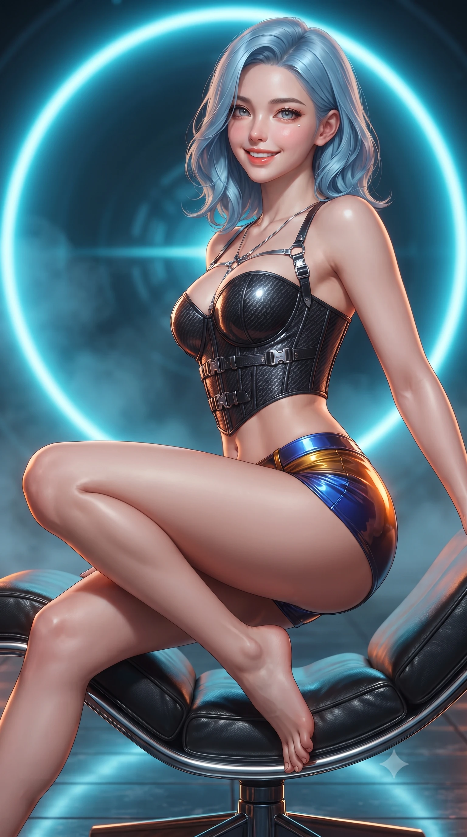 score_9, masterpiece, best quality, ultra-detailed, high-budget anime keyframe, editorial fashion photography, tasteful artistic composition, Korean woman. close-up cowboy shot from the waist and thighs up, the character dominates the composition, filling the frame with her large presence. perched sideways on the lounge seat, one knee drawn up to showcase her slender leg line while her arched back accentuates her feminine hip curve while twisting her slender torso in an alluring contrapposto stance beside the primary laser emitter, pulsing cyan energy rings highlighting her narrow waist and curvy hips. The background shows a soft-focus plasma heat shimmer softened in geothermal core containment sanctuary shallow focus. She has an exceptionally elegant, slender, and willowy female figure with an ultra-slim waist, flat toned midriff, narrow ribcage, and sculpted feminine hips creating an alluring, slim hourglass silhouette without bulk. sharp v-shaped jawline, high-bridge nose, intricate jewel-like sparkling eyes with depth, thick eyelashes, glossy parted lips with a natural peach sheen, bright cheerful beaming smile with an enchanting and coquettish sensual glint, exuding both youthful cute charm and seductive allure, flawlessly proportioned anatomical accuracy, strict slender model proportions, natural body alignment, perfectly sculpted long slender limbs, ultra-slim waistline, clean dynamic posture without body distortion. wearing a sculpted carbon-fiber underwire crop corset with tactical buckle straps paired with low-rise micro shorts in Jovian storm amber and electric cobalt, tailored from high-gloss patent leather with mirror-like specular highlights, accented with a chrome-drop body harness subtly framing her dewy collarbones and spine, the bespoke structured tailoring following the natural line of her 8.5-heads silhouette with refined elegance. illuminated by glass floor reflection bounce and sharp magma-amber rim lights sculpting her jawline, narrow waist, and curvy hips. ultra-reflective glossy finish, specular highlights, rich textural contrasts, high-contrast stereoscopic depth, volumetric dynamic lighting, 2k, ultra detail, master piece, 9:16 ratio