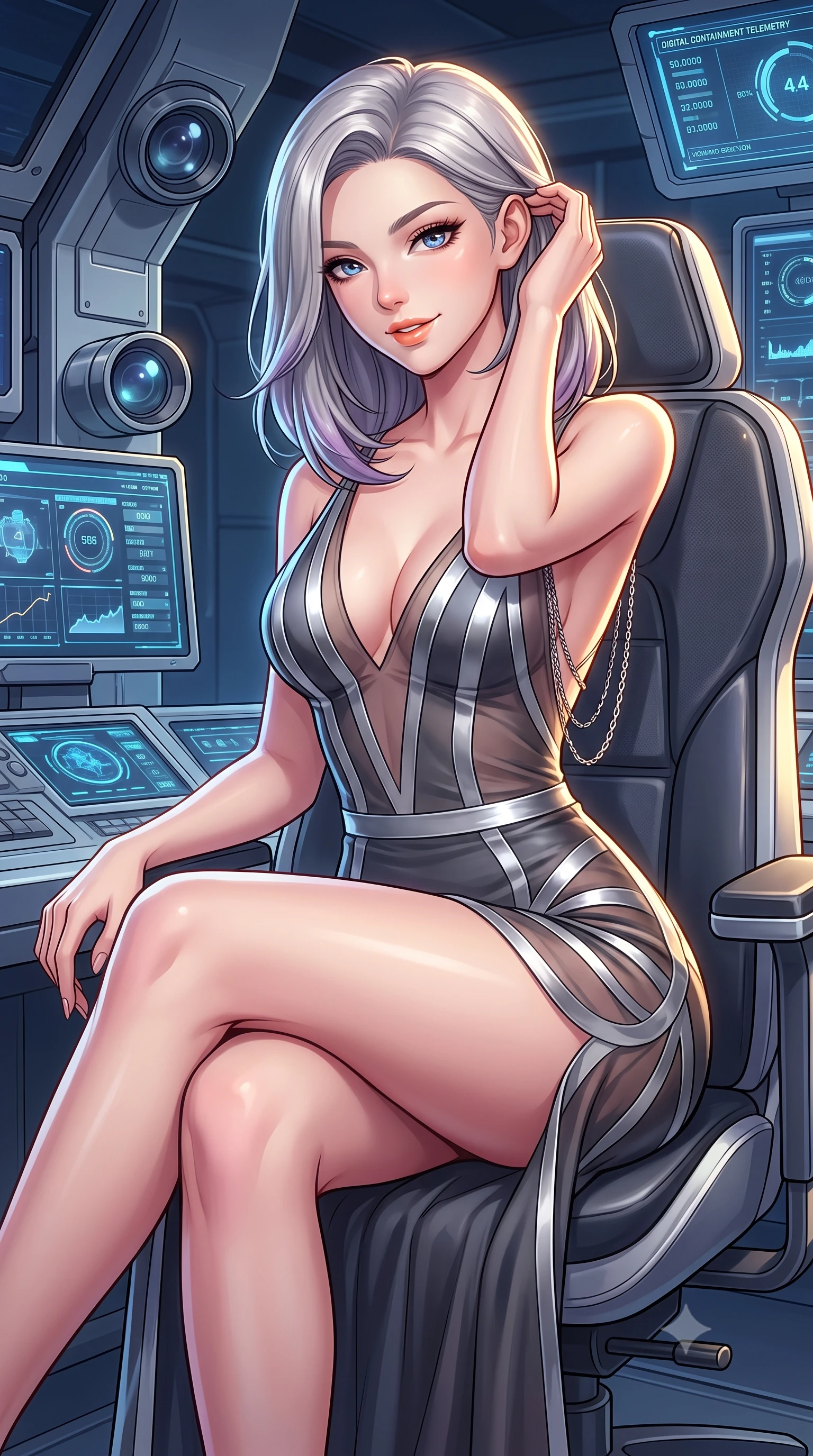 score_9, masterpiece, best quality, ultra-detailed, high-budget anime keyframe, semi-realistic 3D game render, editorial fashion photography, tasteful artistic composition, Caucasian woman. close-up cowboy shot from the waist and thighs up, the character dominates the composition, filling the frame with her large presence. gently brushing a lock of hair behind her ear while casting a playful, flirtatious side-gaze with long eyelashes while sitting gracefully on the ergonomic control chair with legs crossed, flashing a playful, coquettish smile with parted glossy lips. The surrounding environment is rendered in vivid detail and crisp panoramic clarity: sharp superconducting magnet housing seams, laser projector lenses, and digital containment telemetry readouts in deep focus. She has an exceptionally elegant, slender, and willowy female figure with an ultra-slim waist, flat toned midriff, narrow ribcage, and sculpted feminine hips creating an alluring, slim hourglass silhouette without bulk. sharp v-shaped jawline, high-bridge nose, intricate jewel-like sparkling eyes with depth, thick eyelashes, glossy parted lips with a natural peach sheen, bright cheerful beaming smile with an enchanting and coquettish sensual glint, exuding both youthful cute charm and seductive allure, flawlessly proportioned anatomical accuracy, strict slender model proportions, natural body alignment, perfectly sculpted long slender limbs, ultra-slim waistline, clean dynamic posture without body distortion. wearing a plunge-front sheer illusion tulle combat slip dress with liquid platinum ribbon stripes hugging her curves in liquid mercury chrome and stealth charcoal, crafted from bespoke double-faced cashmere with an exceptionally soft tactile finish, accented with an open-back drape framed by falling strands of delicate chrome chains, the liquid-tight tailored fabric clinging flawlessly to her narrow waist and rounded feminine hips, emphasizing every millimeter of her sculpted slim hourglass curves without any bulky heaviness. illuminated by gantry reflection bounce and sharp sunburst-gold rim lights defining her jawline, narrow waist, and curvy hips. highly saturated vibrant anime colors, detailed shading with soft gradients, rich glossy textures, high-contrast stereoscopic depth, volumetric dynamic lighting, master piece, 9:16 ratio