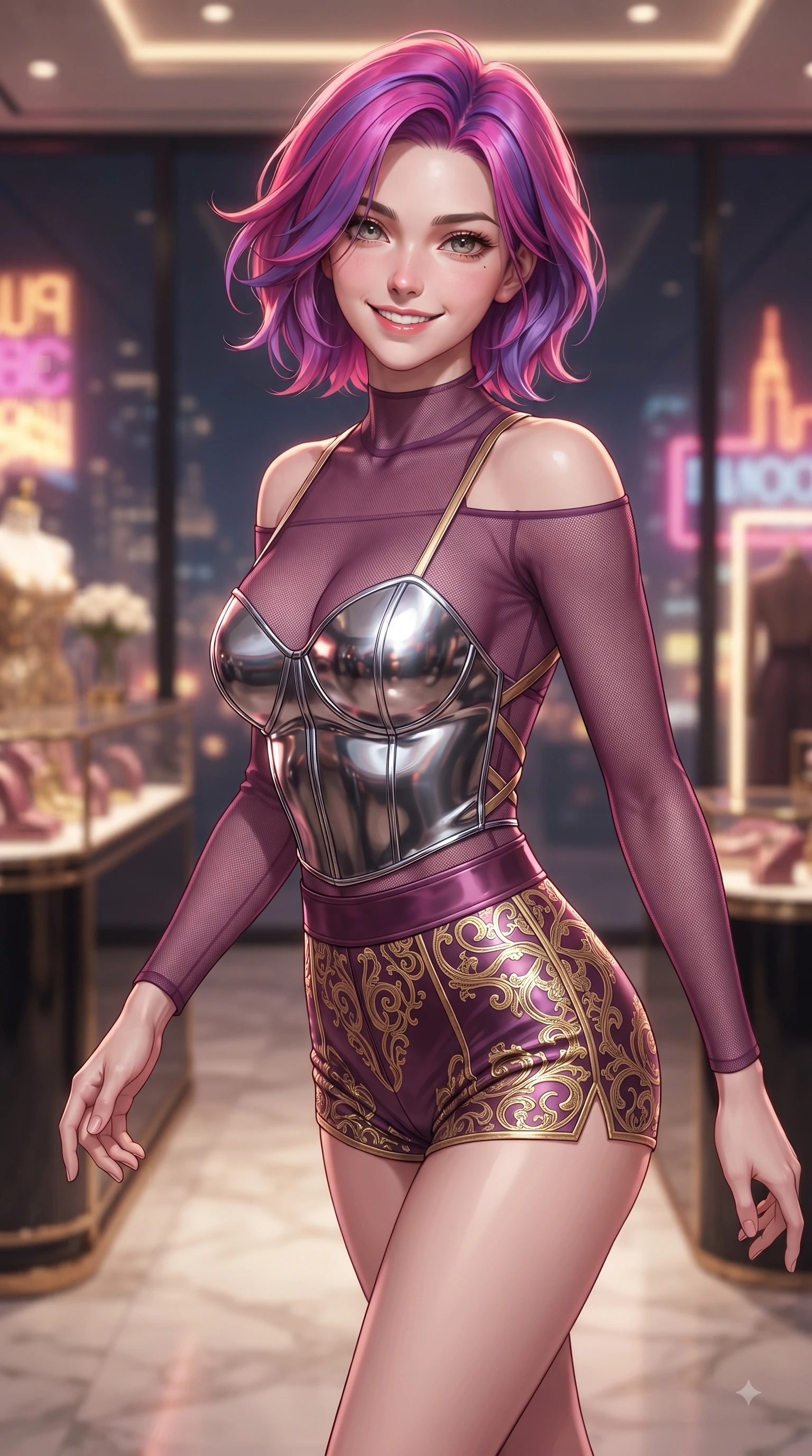 score_9, masterpiece, best quality, ultra-detailed, high-budget anime keyframe, editorial fashion photography, tasteful artistic composition, Caucasian woman. close-up cowboy shot from the waist and thighs up, the character dominates the composition, filling the frame with her large presence, background elements kept in soft focus. Cheerful beaming smile with sparkling eyes and a fresh girlhood aura, leaning forward with playful grace while stepping gracefully through a luxury fashion boutique in Gangnam with a chic, magnetic posture, cool evening breeze fluttering her chic trendy outfit into fluid motions. She has an exceptionally elegant, slender, and willowy female figure with an ultra-slim waist, a gracefully sculpted slender torso, and a refined silhouette. sharp v-shaped jawline, high-bridge nose, intricate jewel-like eyes with depth, thick eyelashes, glossy lips with a natural sheen, flawlessly proportioned anatomical accuracy, natural body alignment, perfectly sculpted elegant limbs, clean dynamic posture without body distortion. wearing a chrome-plated structured bodice worn over a sheer mesh top and micro-shorts in plum purple and gold filigree, formed from sleek second-skin neoprene, complemented by criss-cross back straps highlighting her bare shoulders, the tailored fabric tightly following every curve of her athletic build. illuminated by vibrant neon skyline glow and clear specular rim highlights. ultra-reflective glossy finish, specular highlights, metallic sheen, high-contrast stereoscopic depth, volumetric dynamic lighting, 2k, ultra detail, master piece, 9:16 ratio