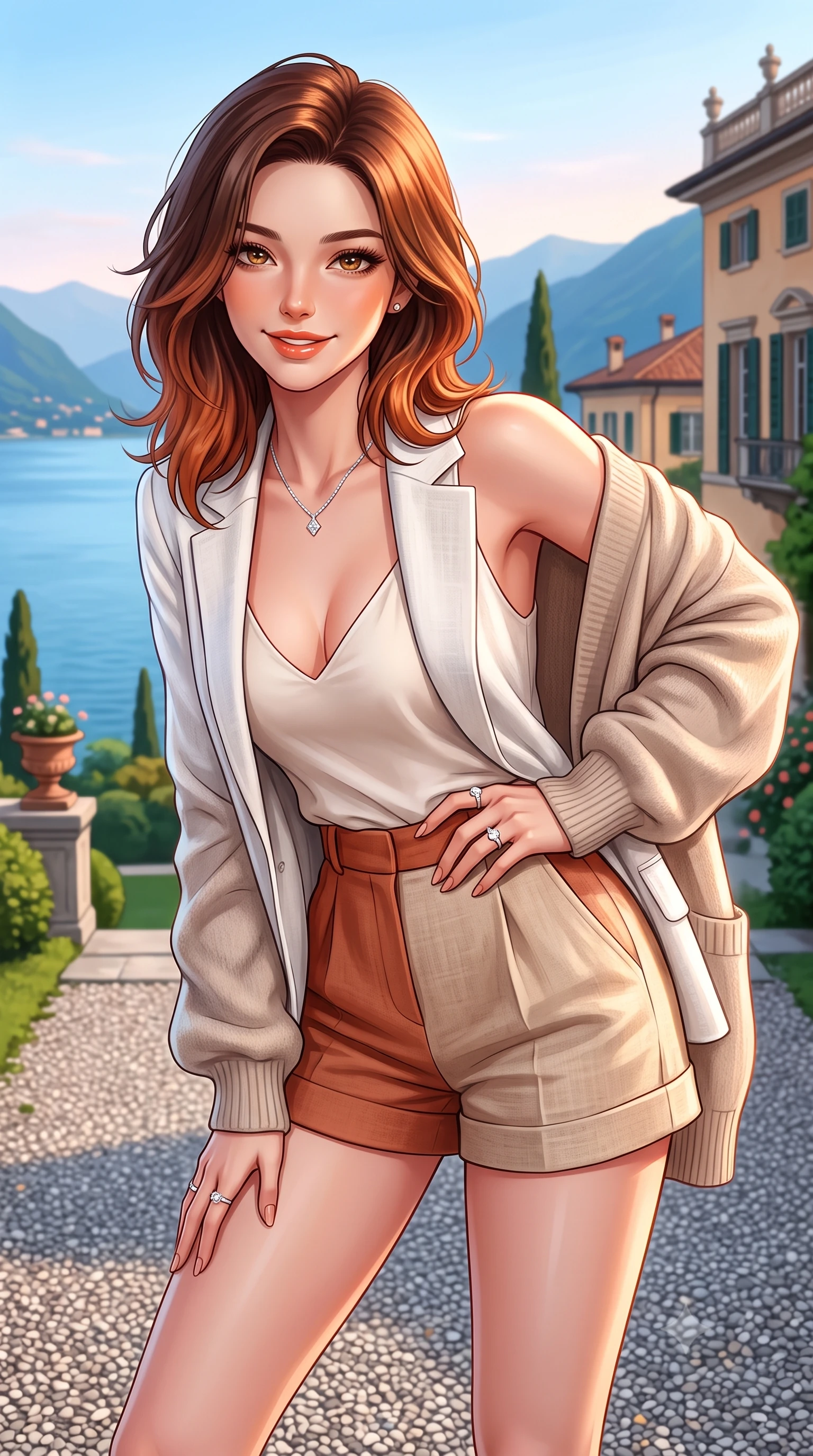 score_9, masterpiece, best quality, ultra-detailed, high-budget anime keyframe, semi-realistic 3D game render, editorial fashion photography, tasteful artistic composition, Korean woman. close-up cowboy shot from the waist and thighs up, the character dominates the composition, filling the frame with her large presence. leaning forward with playful sun-kissed grace while arching her lower back to accentuate her curvy hips, looking into the camera with a radiant teasing smile and alluring bedroom-eyes while pausing gracefully on the gravel garden terrace with one hand resting on her narrow waist, her statuesque presence commanding the lake vista. The surrounding environment is rendered in vivid detail and crisp panoramic clarity. detailed linen or silk fabric weave, diamond jewelry glints, and Italian historic villa architecture in high resolution. She has an exceptionally elegant, slender, and willowy female figure with an ultra-slim waist, flat toned midriff, narrow ribcage, and sculpted feminine hips creating an alluring, slim hourglass silhouette without bulk. sharp v-shaped jawline, high-bridge nose, sparkling amber-hazel eyes with depth, long lush eyelashes, glossy sun-kissed lips with a warm coral glaze, radiant teasing smile with sensual sunlit bedroom-eyes, exuding effortless old-money elegance and intoxicating sun-drenched allure, flawlessly proportioned anatomical accuracy, strict slender model proportions, natural body alignment, perfectly sculpted long slender limbs, ultra-slim waistline, clean dynamic posture without body distortion. wearing a breezy white linen tailored blazer worn over a plunging-V camisole and high-waisted tailored linen shorts in Mediterranean terracotta and warm oatmeal beige, tailored from crisp cotton poplin with clean structural architectural lines, complemented by an oversized soft cashmere knit cardigan slipping off one bare shoulder, the form-fitting cut adhering flawlessly to her sculpted flat midriff and slender torso, emphasizing her long leg lines and perfectly proportioned willowy build. bathed in soft romantic evening light descending over the Como alpine basin. highly saturated vibrant anime colors, detailed shading with soft gradients, rich glossy textures, high-contrast stereoscopic depth, volumetric dynamic lighting, master piece, 9:16 ratio