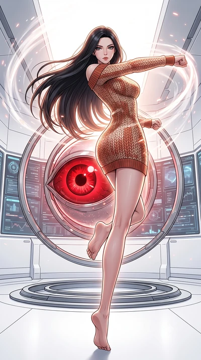 score_9, masterpiece, best quality, ultra-detailed, high-budget anime keyframe, clean line-art, cel-shading, Korean woman. low angle full-body shot from head to toe showing her feet, filling the entire 9:16 vertical frame with her statuesque presence