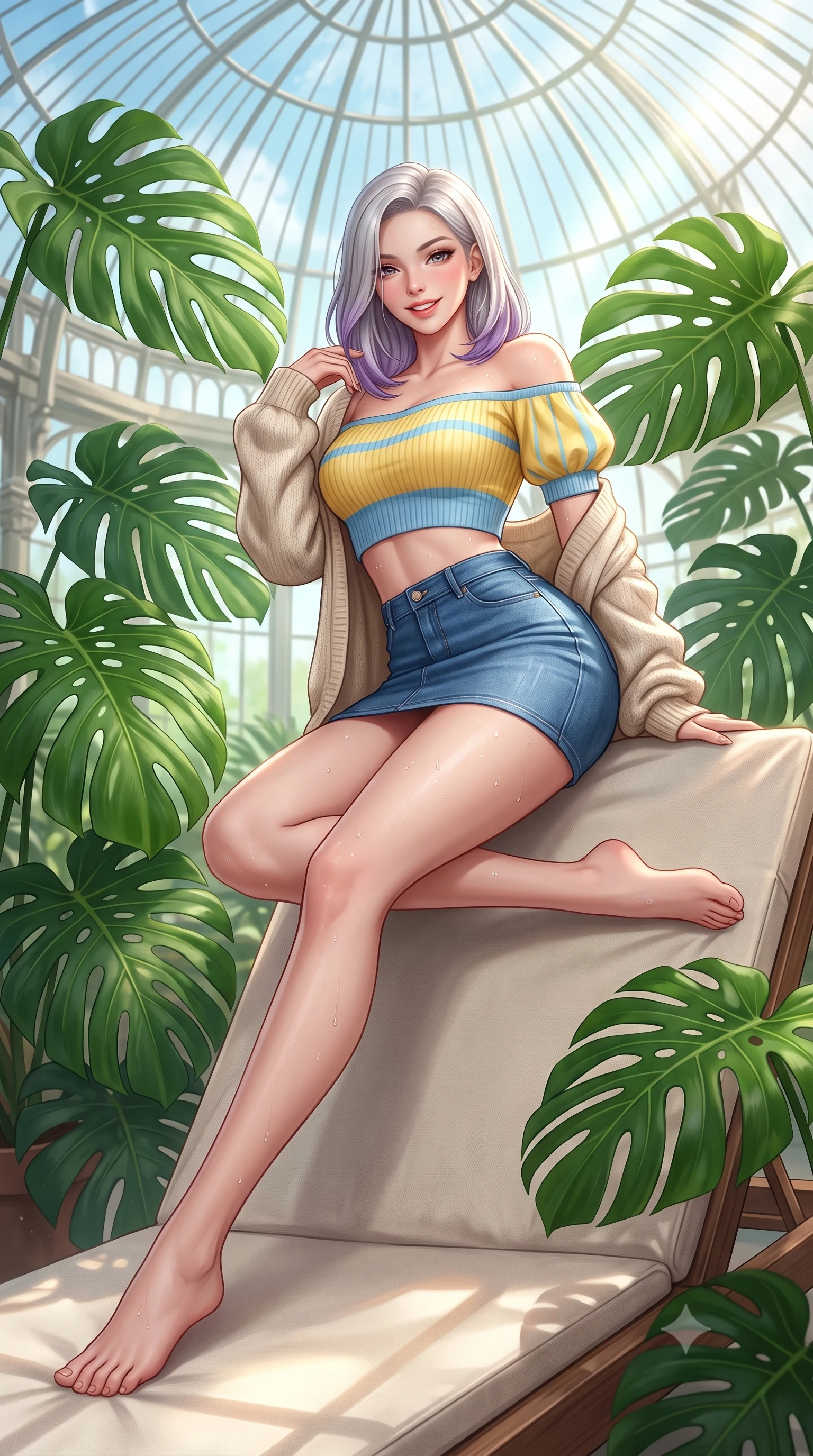 score_9, masterpiece, best quality, ultra-detailed, high-budget anime keyframe, semi-realistic 3D game render, editorial fashion photography, tasteful artistic composition, Caucasian woman. low angle full-body shot from head to toe showing her feet, filling the entire 9:16 vertical frame with her statuesque presence, stretching her vertical silhouette. reclining languidly on her side across the sunbed with one knee drawn up, her radiant smile and arched hip curve commanding the 9:16 vertical frame with youthful sensual charisma while standing poised between giant emerald monstera fronds, twisting her slender torso in an alluring S-curve in the filtered sunbeams. The surrounding environment is rendered in vivid detail and crisp panoramic clarity. detailed dress weave, moisture beads on skin, and Victorian glasshouse architecture in high clarity. She has an exceptionally tall and slender model-like 8.5-heads proportion, an ultra-slim waist, a flat toned midriff, narrow delicate ribcage, and beautifully sculpted feminine hips creating a graceful, slim hourglass silhouette without any bulky heaviness, with impossibly long slender legs. sharp v-shaped jawline, high-bridge nose, intricate jewel-like sparkling eyes with depth, thick eyelashes, glossy parted lips with a natural peach sheen, bright cheerful beaming smile with an enchanting and coquettish sensual glint, exuding both youthful cute charm and seductive allure, flawlessly proportioned anatomical accuracy, strict slender model proportions, natural body alignment, perfectly sculpted long slender limbs, ultra-slim waistline, clean dynamic posture without body distortion. wearing an off-shoulder puff-sleeve crop blouse with a tight high-waisted denim A-line mini skirt emphasizing her curvy hips in sunny daffodil yellow and clear sky blue, formed from supple second-skin stretch ribbed knit clinging to her form, complemented by an oversized soft knit cardigan slipping off one bare shoulder, the liquid-tight tailored fabric clinging flawlessly to her narrow waist and rounded feminine hips, emphasizing every millimeter of her sculpted slim hourglass curves without any bulky heaviness. bathed in fresh botanical sunbeams filtering through the soaring glass dome. highly saturated vibrant anime colors, detailed shading with soft gradients, rich glossy textures, high-contrast stereoscopic depth, volumetric dynamic lighting, master piece, 9:16 ratio