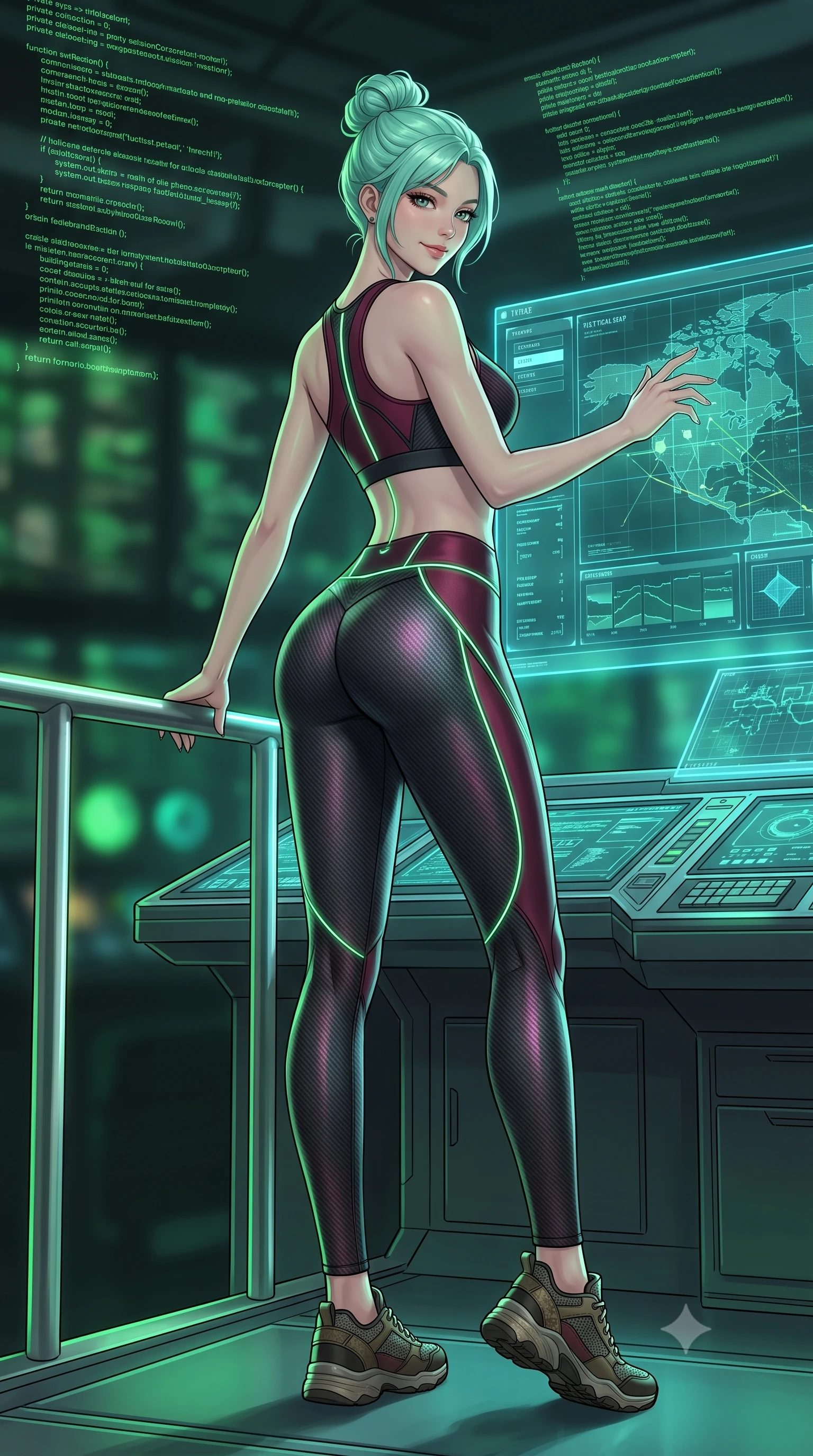score_9, masterpiece, best quality, ultra-detailed, high-budget anime keyframe, semi-realistic 3D game render, editorial fashion photography, tasteful artistic composition, Japanese woman. low angle full-body shot from head to toe showing her feet, filling the entire 9:16 vertical frame with her statuesque presence, stretching her vertical silhouette. standing in a tall, confident posture with one hand on a glowing metal railing, stretching her statuesque body as she arches her lower back to emphasize her sculpted feminine hips and slender waist while standing in a tall commanding posture before towering glowing tactical holoscreens, arching her back with sovereign poise as green code streams cascade. The background shows a soft-focus tiers of green and cyan monitor banks and suspended holographic tactical maps blurred into electric emerald, cyan, and charcoal bokeh. She has an absolutely perfect, statuesque 8.5-heads proportion, an exceptionally tall and slender model-like female figure with impossibly long slender legs, an ultra-slim waist, a flat toned midriff, narrow delicate ribcage, and beautifully sculpted feminine hips creating a graceful, slim hourglass silhouette without any bulky heaviness. sharp v-shaped jawline, high-bridge nose, intricate jewel-like sparkling eyes with depth, thick eyelashes, glossy parted lips with a natural sheen, bright confident smile with an enchanting and coquettish sensual glint, exuding both youthful magnetic charm and sovereign high-tech allure, flawlessly proportioned anatomical accuracy, strict slender model proportions, natural body alignment, perfectly sculpted long slender limbs, ultra-slim waistline, clean dynamic posture without body distortion. wearing a tactical racerback athletic crop top paired with skin-tight high-waisted holographic combat leggings in deep wine crimson and dark carbon weave, crafted from lightweight aerodynamic matte carbon-fiber weave with structural stiffness, accented with glowing neon fiber-optic piping tracing her spine and hip lines, the liquid-tight tailored fabric clinging flawlessly to her narrow waist and rounded feminine hips, emphasizing every millimeter of her sculpted slim hourglass curves without any bulky heaviness. bathed in moody neon green and laser cyan terminal light contrasting with deep industrial shadows. highly saturated vibrant anime colors, detailed shading with soft gradients, rich glossy textures, high-contrast stereoscopic depth, volumetric dynamic lighting, master piece, 9:16 ratio