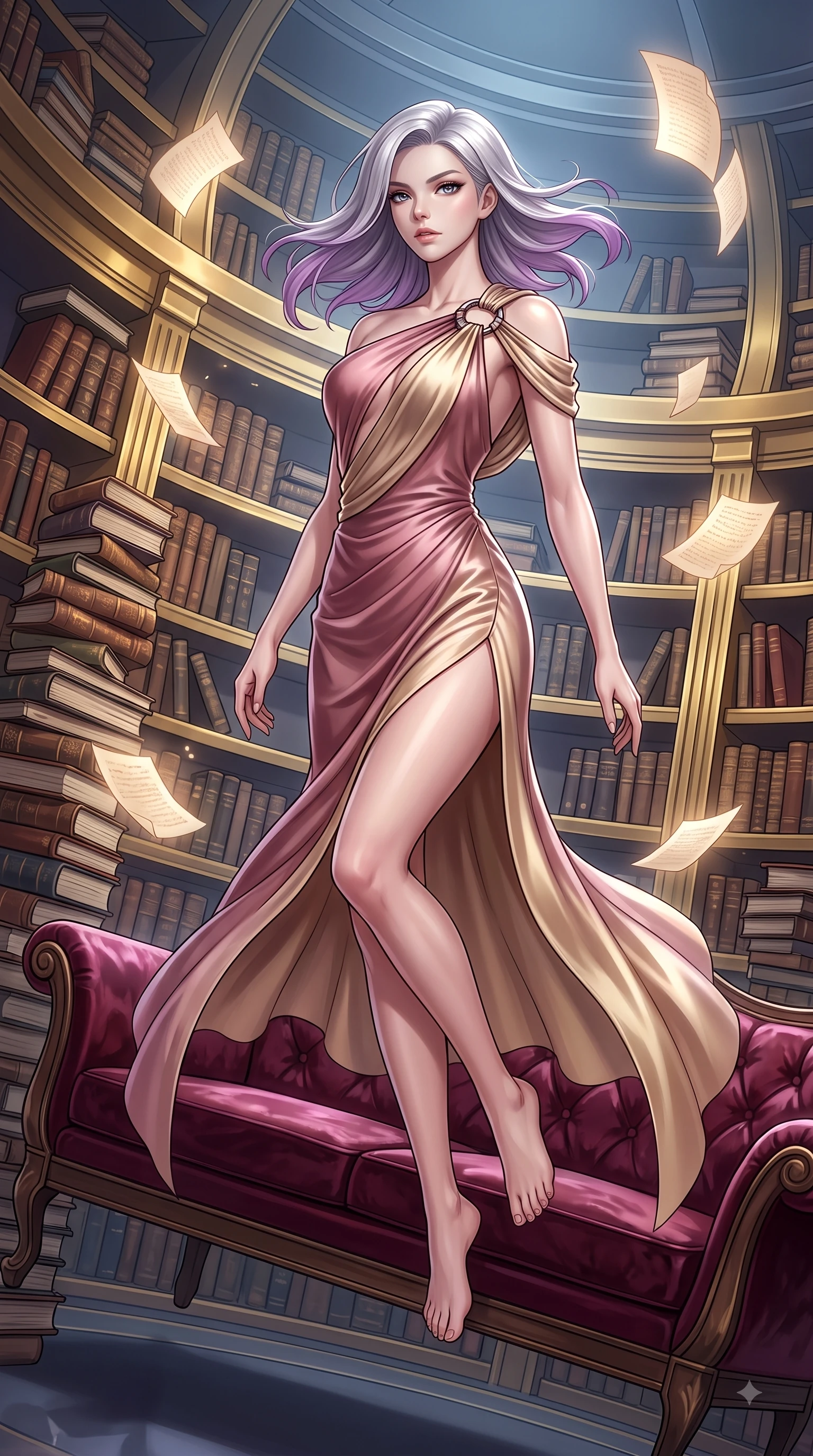 score_9, masterpiece, best quality, ultra-detailed, high-budget anime keyframe, editorial fashion photography, tasteful artistic composition, Caucasian woman. low angle full-body shot from head to toe showing her feet, filling the entire 9:16 vertical frame with her statuesque presence, stretching her vertical silhouette. pivoting dynamically in zero-gravity with fluid S-curve alignment, displaying her perfect model proportions while lounging on an antique silk velvet sofa as floating parchment pages hover gently around her, thousands of antique leather-bound books stacked along majestic golden shelves. She has an absolutely perfect, statuesque 8.5-heads proportion, an exceptionally tall and slender model-like female figure with impossibly long slender legs and an ultra-slim waist. sharp v-shaped jawline, high-bridge nose, intricate jewel-like eyes with depth, thick eyelashes, glossy lips with a natural sheen, flawlessly proportioned anatomical accuracy, natural body alignment, perfectly sculpted elegant limbs, clean dynamic posture without body distortion. wearing an asymmetrical Grecian draped chiffon gown with a metallic shoulder ring in dusty rose and champagne gold, crafted from lustrous satin jersey with fluid draping, finished with a sleek side slit ascending to mid-thigh, the tailored fabric tightly following every curve of her athletic build. illuminated by a dramatic key light casting elegant chiaroscuro shadows. highly saturated vibrant anime colors, detailed shading with soft gradients, rich glossy textures, high-contrast stereoscopic depth, volumetric dynamic lighting, master piece, 9:16 ratio