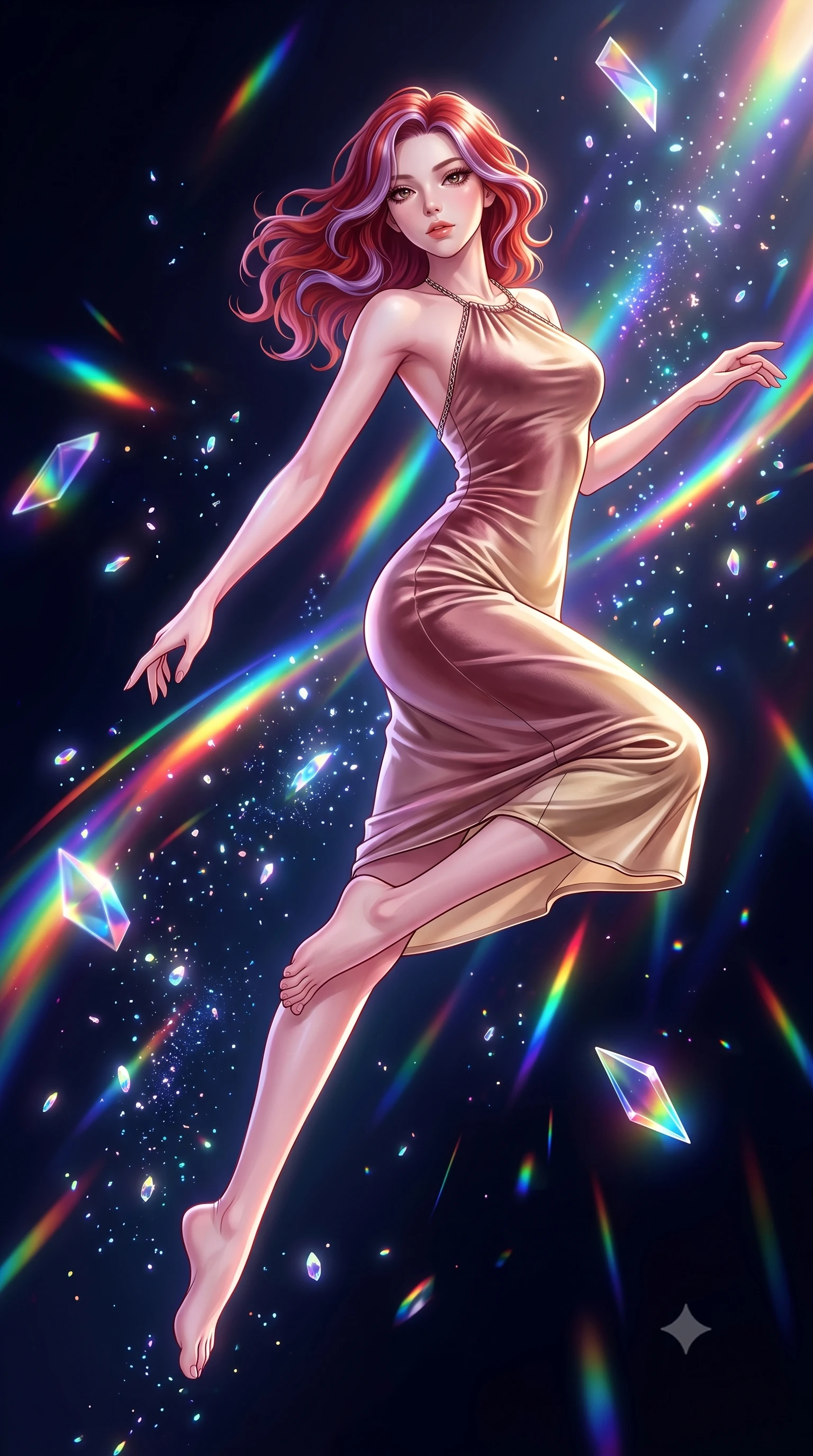 score_9, masterpiece, best quality, ultra-detailed, high-budget anime keyframe, editorial fashion photography, tasteful artistic composition, Caucasian woman. low angle full-body shot from head to toe showing her feet, filling the entire 9:16 vertical frame with her statuesque presence, stretching her vertical silhouette. leaping gracefully through mid-air with statuesque elegance, her impossibly long slender legs stretched in perfect balance while pivoting gracefully mid-air as multi-color light refraction trails follow her movement, glowing crystalline dust motes sparkling dynamically in the surrounding dark space. She has an absolutely perfect, statuesque 8.5-heads proportion, an exceptionally tall and slender model-like female figure with impossibly long slender legs and an ultra-slim waist. sharp v-shaped jawline, high-bridge nose, intricate jewel-like eyes with depth, thick eyelashes, glossy lips with a natural sheen, flawlessly proportioned anatomical accuracy, natural body alignment, perfectly sculpted elegant limbs, clean dynamic posture without body distortion. wearing a velvet halter-neck midi dress following her form like a glove in dusty rose and champagne gold, crafted from smooth liquid silk, adorned with delicate metallic chain straps along the neckline, the sleek second-skin texture accentuating her magnetic presence. bathed in brilliant multi-color rainbow light refracting through floating glass prisms. highly saturated vibrant anime colors, detailed shading with soft gradients, rich glossy textures, high-contrast stereoscopic depth, volumetric dynamic lighting, master piece, 9:16 ratio
