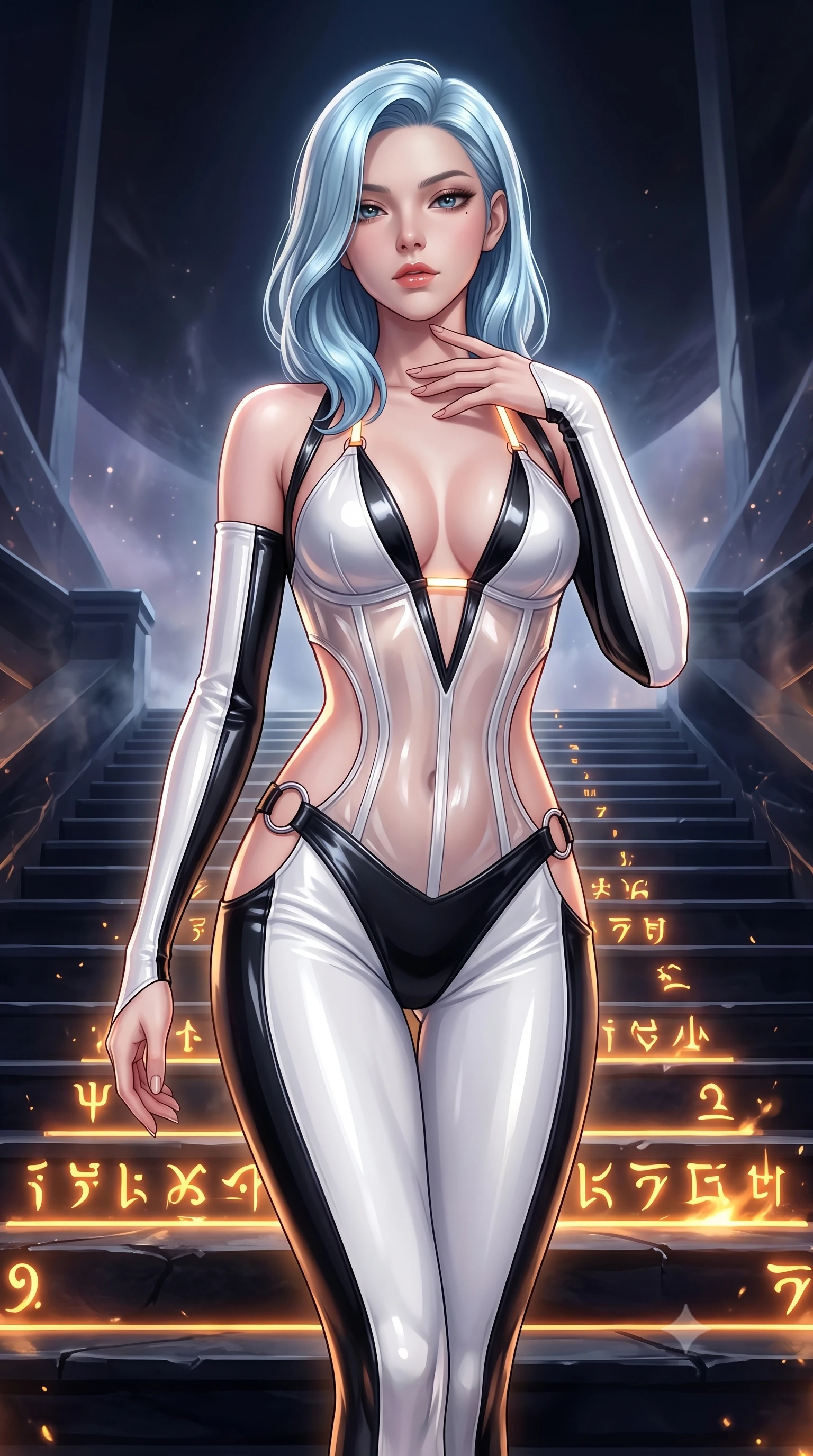 score_9, masterpiece, best quality, ultra-detailed, high-budget anime keyframe, semi-realistic 3D game render, editorial fashion photography, tasteful artistic composition, Korean woman. close-up cowboy shot from the waist and thighs up, the character dominates the composition, filling the frame with her large presence. resting her fingers lightly against her throat while looking down with a smoldering, haughty yet intensely captivating glance while stepping down an obsidian grand stairway as glowing amber glyphs along the stone ignite with solar power. The surrounding environment is rendered in vivid detail and crisp panoramic clarity. dramatic chiaroscuro lighting and monumental cosmic architecture rendered in panoramic precision. She has an exceptionally elegant, slender, and willowy female figure with an ultra-slim waist, a gracefully sculpted slender torso, toned flat midriff, and a refined slim silhouette. sharp v-shaped jawline, high-bridge nose, intricate jewel-like eyes with depth, thick eyelashes, glossy lips with a natural sheen, flawlessly proportioned anatomical accuracy, strict slender model proportions, natural body alignment, perfectly sculpted long slender limbs, ultra-slim waistline, clean dynamic posture without body distortion. wearing a translucent cybernetic corset in semi-opaque structured vinyl, combined with detached sleeves and a deep-plunging neckline secured by glowing micro-straps in high-gloss monochrome white and sharp black contrast, made of liquid metal jersey that clings flawlessly to every contour of her build, detailed with polished silver rings connecting the daring side-waist cutouts, the form-contouring material adhering flawlessly to her sculpted flat midriff and slender torso, emphasizing her long leg lines and perfectly proportioned willowy build. surrounded by an awe-inspiring, mysterious, and fiercely sensual solar empress aura. highly saturated vibrant anime colors, detailed shading with soft gradients, rich glossy textures, high-contrast stereoscopic depth, volumetric dynamic lighting, master piece, 9:16 ratio