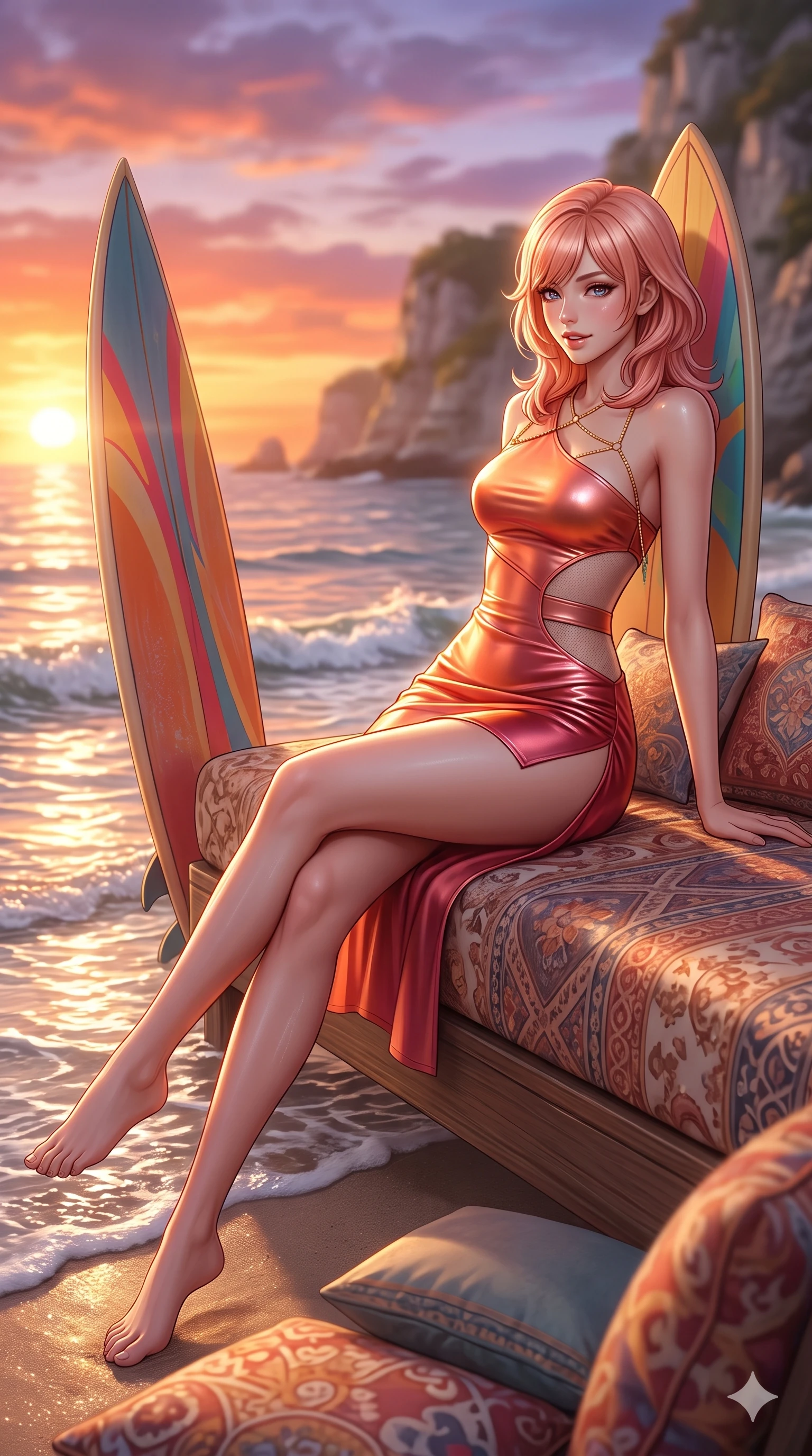 score_9, masterpiece, best quality, ultra-detailed, high-budget anime keyframe, semi-realistic 3D game render, editorial fashion photography, tasteful artistic composition, Japanese woman. low angle full-body shot from head to toe showing her feet, filling the entire 9:16 vertical frame with her statuesque presence, stretching her vertical silhouette. lounging on the lavish daybed with legs crossed and hips angled toward the camera, displaying her toned midriff and long slender limbs with effortless siren poise while leaning against the standing surfboard with hips cocked back, looking back over a bare shoulder with an alluring, parted-lip smile as waves wash past. The background shows a soft-focus rolling sunset surf waves, limestone cove cliffs, and fiery orange evening sky blurred into coral, lavender, and honey bokeh. She has an absolutely perfect, statuesque 8.5-heads proportion, an exceptionally tall and slender model-like female figure with impossibly long slender legs, an ultra-slim waist, a flat toned midriff, narrow delicate ribcage, and beautifully sculpted feminine hips creating a graceful, slim hourglass silhouette without any bulky heaviness. sharp v-shaped jawline, high-bridge nose, sparkling eyes with hypnotic seductive depth, thick curled eyelashes, glossy parted lips with a natural dewy peach sheen, alluring bedroom-eyes with an enchanting coquettish smile, exuding magnetic siren charisma and sophisticated glamour, flawlessly proportioned anatomical accuracy, strict slender model proportions, natural body alignment, perfectly sculpted long slender limbs, ultra-slim waistline, clean dynamic posture without body distortion. wearing an asymmetric one-shoulder metallic leather mini dress with a dramatic side slit hugging her narrow waist and hips in blazing sunset peach and deep coral crimson, featuring strategic sheer-illusion micro-mesh cutouts along her ribcage and hip flanks, accented with a gold body chain harness subtly framing her dewy collarbones and spine, the bespoke structured tailoring following the natural line of her 8.5-heads silhouette with refined elegance. bathed in molten golden hour sunset light washing horizontally across the ocean surface with blinding specular highlights. highly saturated vibrant anime colors, detailed shading with soft gradients, rich glossy textures, high-contrast stereoscopic depth, volumetric dynamic lighting, master piece, 9:16 ratio