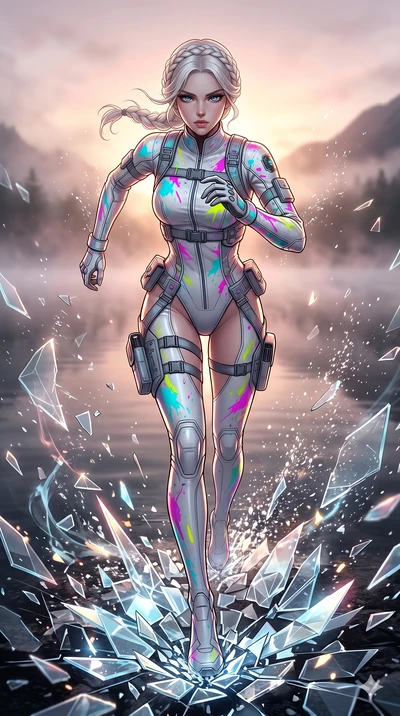 score_9, masterpiece, best quality, ultra-detailed, Set A: High-budget Anime Keyframe, Caucasian (strictly human ears) woman. Low angle cowboy shot filling the entire 9:16 frame with her statuesque presence. Sprinting through a misty lakeside at dawn