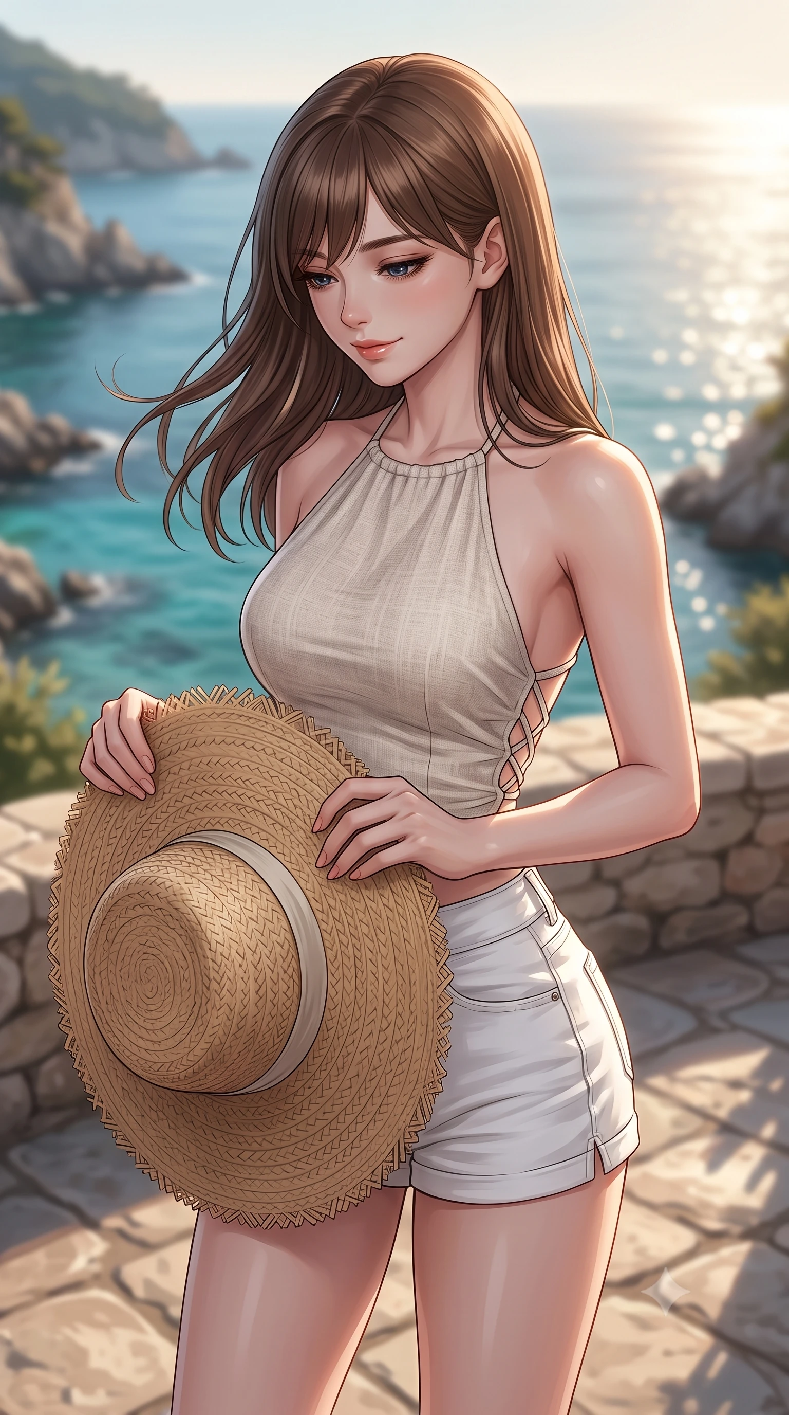 score_9, masterpiece, best quality, ultra-detailed, high-budget anime keyframe, editorial fashion photography, tasteful artistic composition, Korean woman woman. close-up cowboy shot from the waist and thighs up, the character dominates the composition, filling the frame with her large presence, background elements kept in soft focus. holding a wide-brimmed straw hat with both hands against the breeze, looking down with a soft smile the background shows a soft-focus a stone terrace of a coastal villa overlooking a rocky bay with turquoise water. She has an exceptionally elegant, slender, and willowy female figure with an ultra-slim waist, a gracefully sculpted slender torso, and a refined silhouette. sharp v-shaped jawline, high-bridge nose, intricate jewel-like eyes with depth, thick eyelashes, glossy lips with a natural sheen. wearing a slim-fit stylish linen halter top with an open-back design, paired with white micro-shorts. warm afternoon sunbeams reflecting off the ocean surface onto the terrace. 2k, ultra detail, master piece, 9:16 ratio
