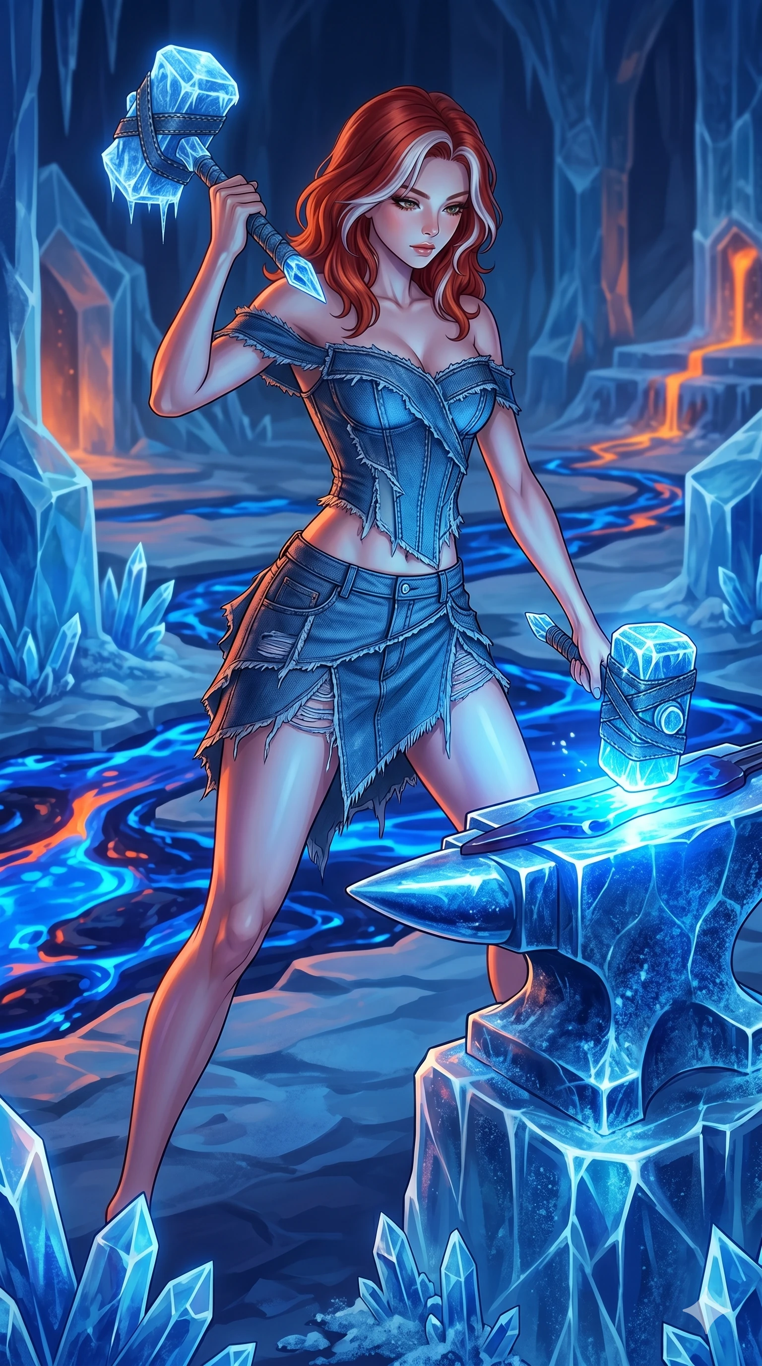 score_9, masterpiece, best quality, ultra-detailed, high-budget anime keyframe, Caucasian woman, strictly human ears. low angle full-body shot filling the entire 9:16 frame with her statuesque presence, stretching the vertical silhouette. forging in a prismatic ice-volcano temple where glowing cobalt-blue liquid magma flows between frozen blue ash crystals. She has an absolutely perfect 8-heads proportion, an exceptionally tall and slender female figure with impossibly long slender legs and an ultra-slim waist. V-shaped jawline, high-bridge nose, intricate jewel-like eyes with depth, thick eyelashes, glossy lips with a natural sheen.. wearing a deconstructed denim corset and an asymmetric ripped denim micro-skirt, showcasing a rugged yet chic off-shoulder style. accented by dynamic color-blocked lighting with high-contrast shadows emphasizing her statuesque height. 2k, ultra detail, master piece, 9:16 ratio