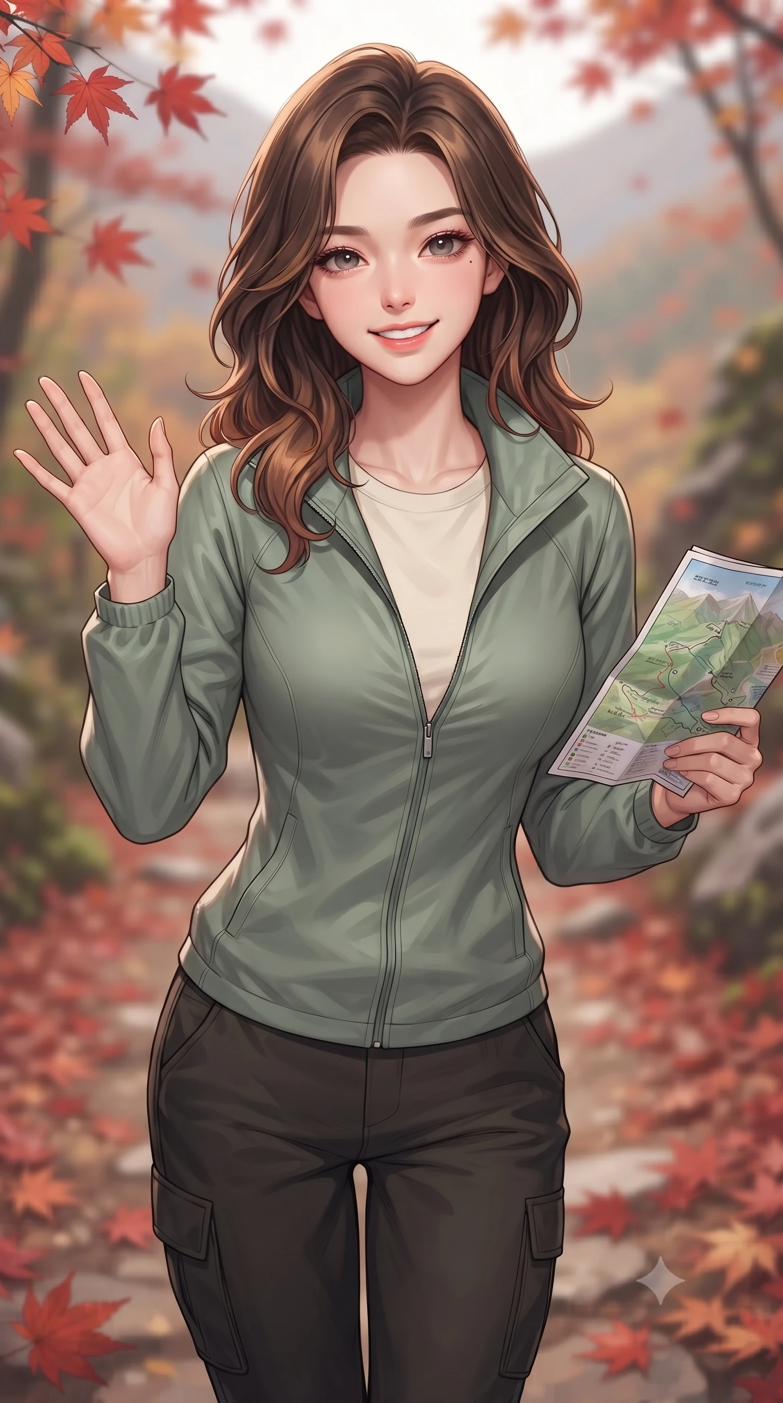 score_9, masterpiece, best quality, ultra-detailed, high-budget anime keyframe, editorial fashion photography, tasteful artistic composition, Korean woman. close-up cowboy shot from the waist and thighs up, the character dominates the composition, filling the frame with her large presence, background elements kept in soft focus. flashing a sweet, beaming smile while waving one hand gently toward the camera set against a soft-focus background of walking through an autumn mountain path covered in red maple leaves holding a map of the mountain trails, looking at the camera. She has an exceptionally elegant, slender, and willowy female figure with an ultra-slim waist, a gracefully sculpted slender torso, and a refined silhouette. sharp v-shaped jawline, high-bridge nose, intricate jewel-like eyes with depth, thick eyelashes, glossy lips with a natural sheen. wearing body-hugging casual athletic windbreaker in sage green, paired with a simple tee and cargo pants. soft diffused daylight creating a clean, high-key panoramic glow. highly saturated vibrant anime colors, detailed shading with soft gradients, rich glossy textures, high-contrast stereoscopic depth, volumetric dynamic lighting, master piece, 9:16 ratio