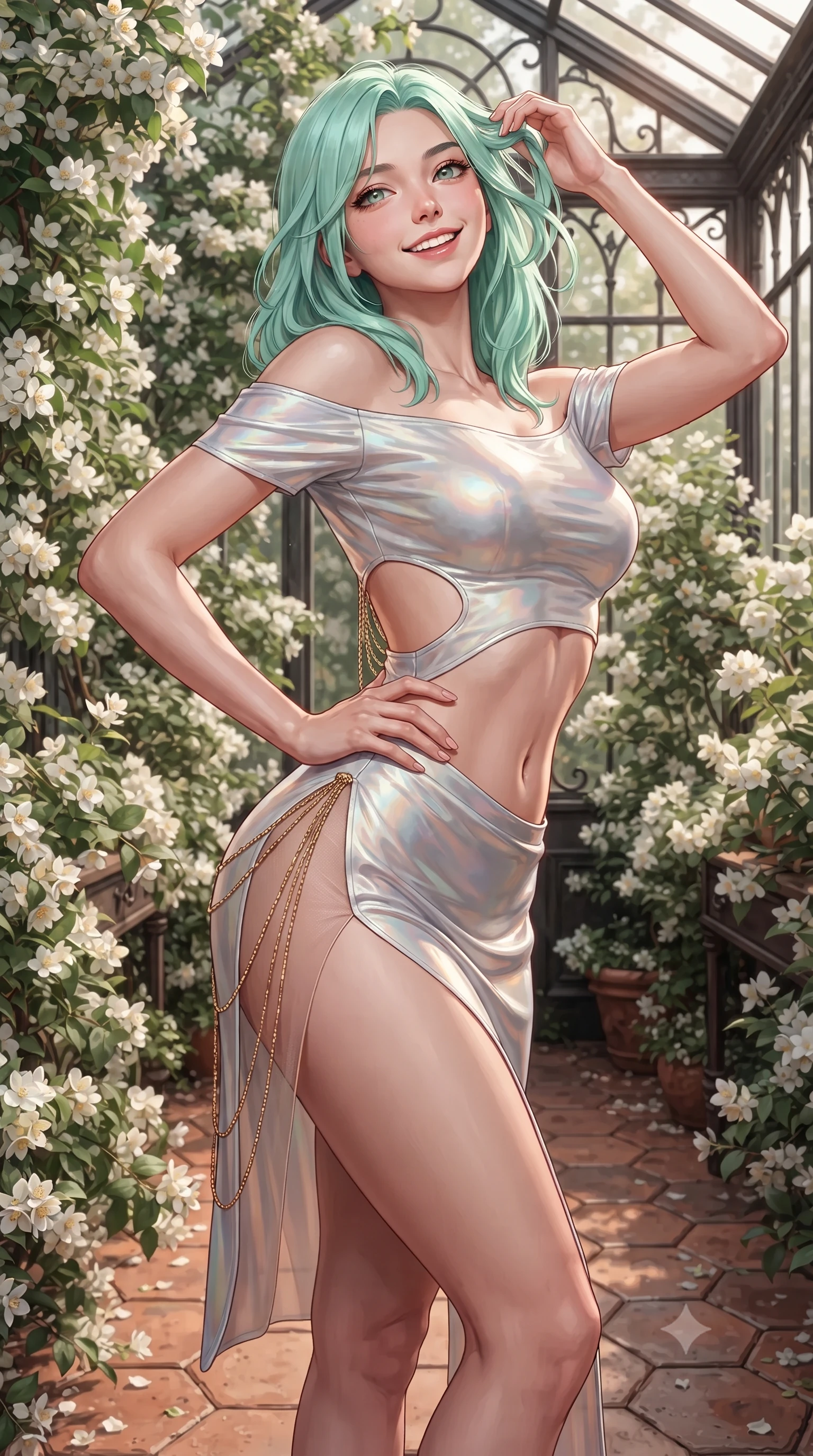 score_9, masterpiece, best quality, ultra-detailed, high-budget anime keyframe, editorial fashion photography, tasteful artistic composition, Japanese woman. close-up cowboy shot from the waist and thighs up, the character dominates the composition, filling the frame with her large presence. twisting her slender torso in an alluring contrapposto stance, one hand resting on her sculpted hip while her fingers toy with her hair with effortless poise while standing poised on the terracotta tile floor of the antique glass orangery surrounded by blooming jasmine and white apple blossoms, arching her spine with wet-look siren grace. The surrounding environment is rendered in vivid detail and crisp panoramic clarity: sharp hand-forged iron orangery window frames, antique terracotta hexagonal pavers, and velvety white flower petals in deep focus. She has an exceptionally elegant, slender, and willowy female figure with an ultra-slim waist, flat toned midriff, narrow ribcage, and sculpted feminine hips creating an alluring, slim hourglass silhouette without bulk. sharp v-shaped jawline, high-bridge nose, intricate jewel-like sparkling eyes with depth, thick eyelashes, glossy parted lips with a natural peach sheen, bright cheerful beaming smile with an enchanting and coquettish sensual glint, exuding both youthful cute charm and seductive allure, flawlessly proportioned anatomical accuracy, strict slender model proportions, natural body alignment, perfectly sculpted long slender limbs, ultra-slim waistline, clean dynamic posture without body distortion. wearing an alluring off-the-shoulder crop top with asymmetrical side-torso cutouts and a high-slit wrap skirt in iridescent mother-of-pearl and liquid molten silver, featuring strategic sheer-illusion tulle side panels framing her ribcage and hips, accented with an open-back drape framed by falling strands of delicate gold chains, the liquid-tight tailored fabric clinging flawlessly to her narrow waist and rounded feminine hips, emphasizing every millimeter of her sculpted slim hourglass curves without any bulky heaviness. illuminated by copper vessel reflection bounce and sharp rose-gold rim lights sculpting her jawline, narrow waist, and curvy hips. ultra-reflective glossy finish, specular highlights, rich textural contrasts, high-contrast stereoscopic depth, volumetric dynamic lighting, 2k, ultra detail, master piece, 9:16 ratio
