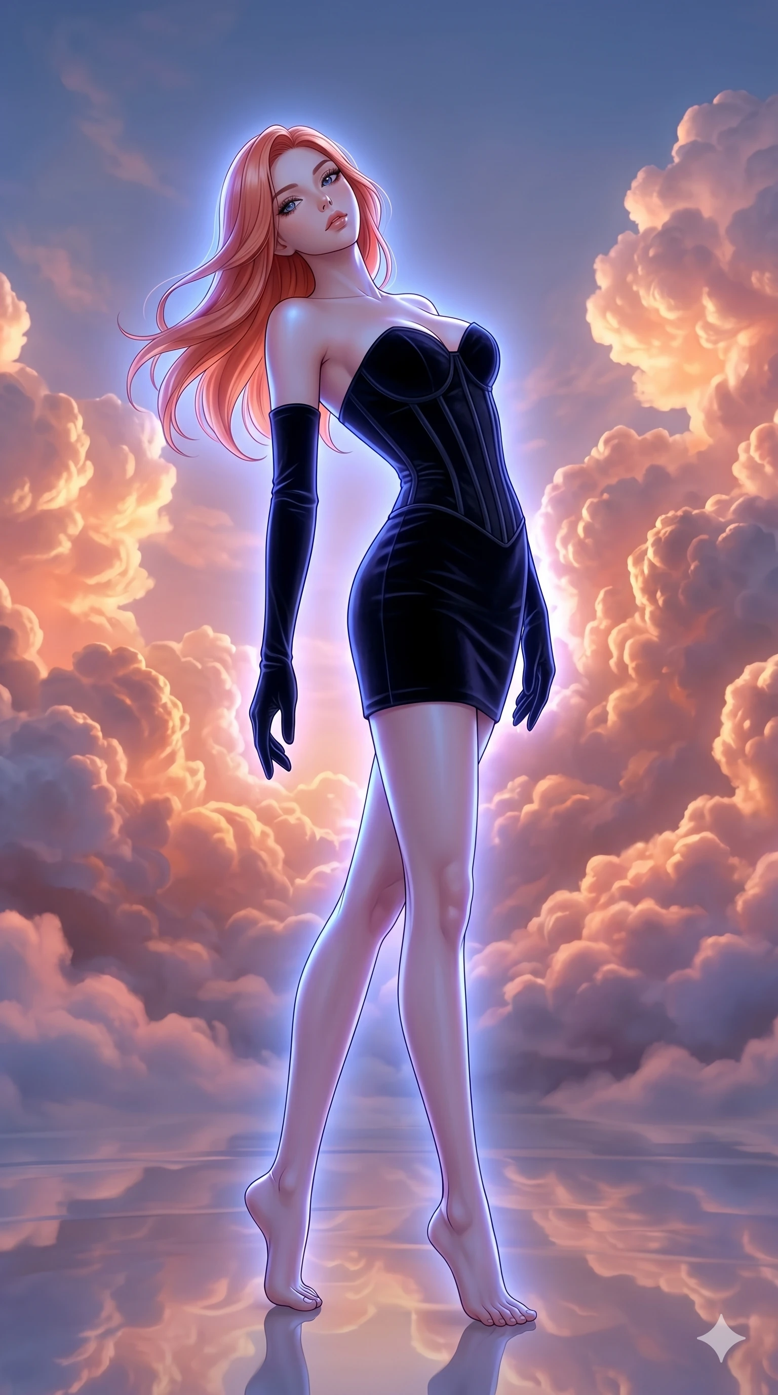 score_9, masterpiece, best quality, ultra-detailed, high-budget anime keyframe, editorial fashion photography, tasteful artistic composition, Japanese woman. low angle full-body shot from head to toe showing her feet, filling the entire 9:16 vertical frame with her statuesque presence, stretching her vertical silhouette. Arching her back in a graceful controlled backward pose inside a luminous cloud palace where cumulus formations glow with amber and rose from within. She has an absolutely perfect 8-heads proportion, an exceptionally tall and slender female figure with impossibly long slender legs and an ultra-slim waist. V-shaped jawline, high-bridge nose, intricate jewel-like eyes with depth, thick eyelashes, glossy lips with a natural sheen. wearing a structured bustier-corseted mini dress in black velvet with boning that dramatically emphasizes the waist, a sweetheart neckline, and dramatic floor-length opera gloves in matching black. bathed in cool ethereal blue-violet bioluminescent glow that highlights her form from all sides. 2k, ultra detail, master piece, 9:16 ratio