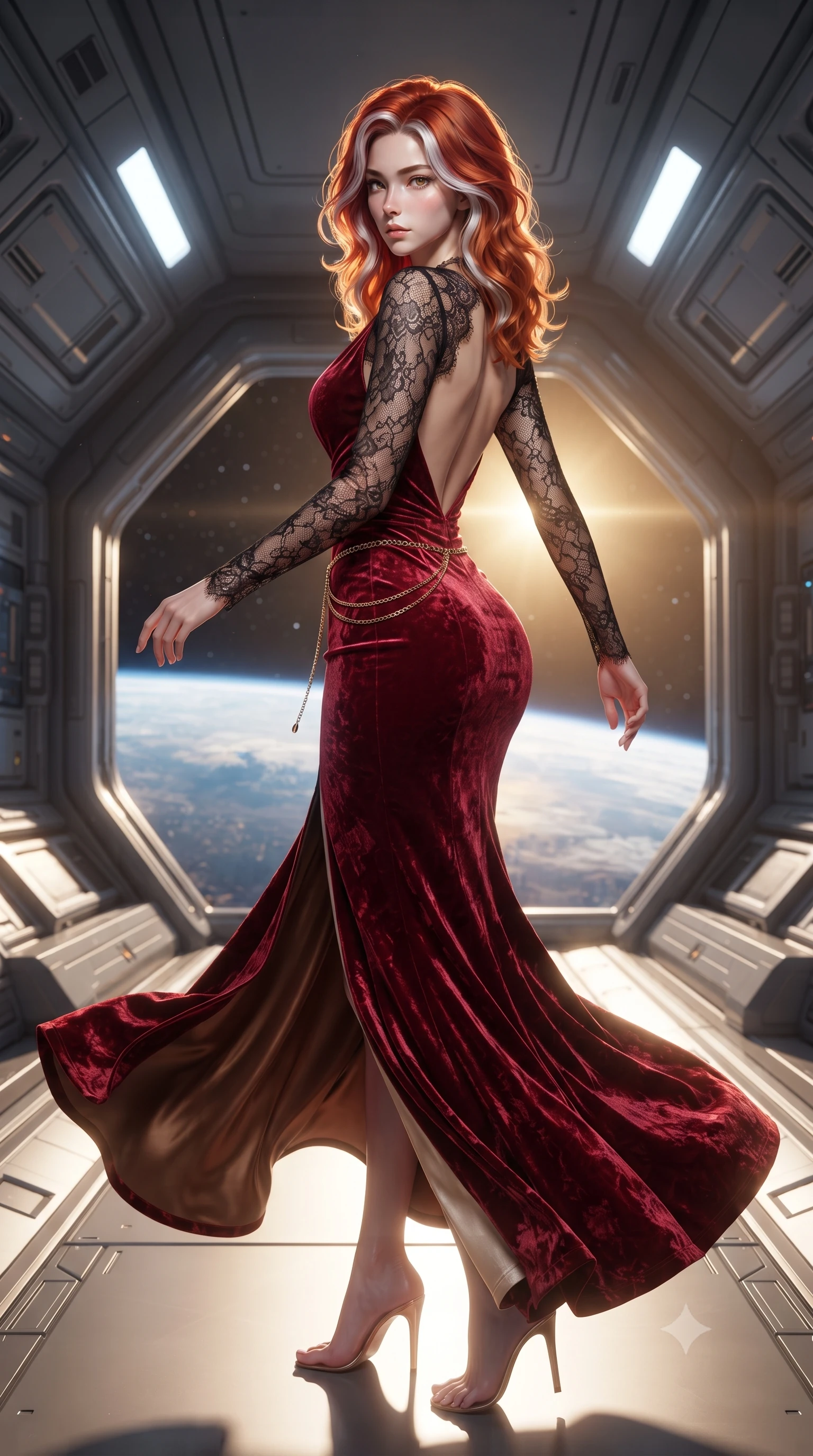 score_9, masterpiece, best quality, ultra-detailed, high-budget anime keyframe, editorial fashion photography, tasteful artistic composition, Caucasian woman. low angle full-body shot from head to toe showing her feet, filling the entire 9:16 vertical frame with her statuesque presence, stretching her vertical silhouette. executing an elegant mid-motion pivot turn as garments swirl around her slender limbs, glancing over her shoulder with an intoxicating bedroom-gaze while pivoting gracefully along the illuminated orbital corridor, her liquid metallic garments clinging to her sculpted flat midriff and feminine hips. The surrounding environment is rendered in vivid detail and crisp panoramic clarity. epic high-contrast orbital sci-fi chiaroscuro and transcendent space-age luxury aesthetics in precision. She has an exceptionally tall and slender model-like 8.5-heads proportion, an ultra-slim waist, a flat toned midriff, narrow delicate ribcage, and beautifully sculpted feminine hips creating a graceful, slim hourglass silhouette without any bulky heaviness, with impossibly long slender legs. sharp v-shaped jawline, high-bridge nose, intricate jewel-like eyes with depth, thick eyelashes, glossy parted lips with a natural sheen, intensely captivating and seductive bedroom-eyes expression, flawlessly proportioned anatomical accuracy, strict slender model proportions, natural body alignment, perfectly sculpted long slender limbs, ultra-slim waistline, clean dynamic posture without body distortion. wearing a plunging-V neckline crushed crimson velvet opera gown with delicate black lace sleeves and bare back in rich equestrian cognac brown and crisp champagne cream, crafted from heavyweight crushed silk velvet with liquid vintage luster, accented with a delicate gold chain belt resting loosely on her curvy hips, the liquid-tight tailored fabric clinging flawlessly to her narrow waist and rounded feminine hips, emphasizing every millimeter of her sculpted slim hourglass curves without any bulky heaviness. bathed in radiant golden orbital sunrise backlighting and ambient cool blue Earth glow from below. ultra-reflective glossy finish, specular highlights, rich textural contrasts, high-contrast stereoscopic depth, volumetric dynamic lighting, 2k, ultra detail, master piece, 9:16 ratio