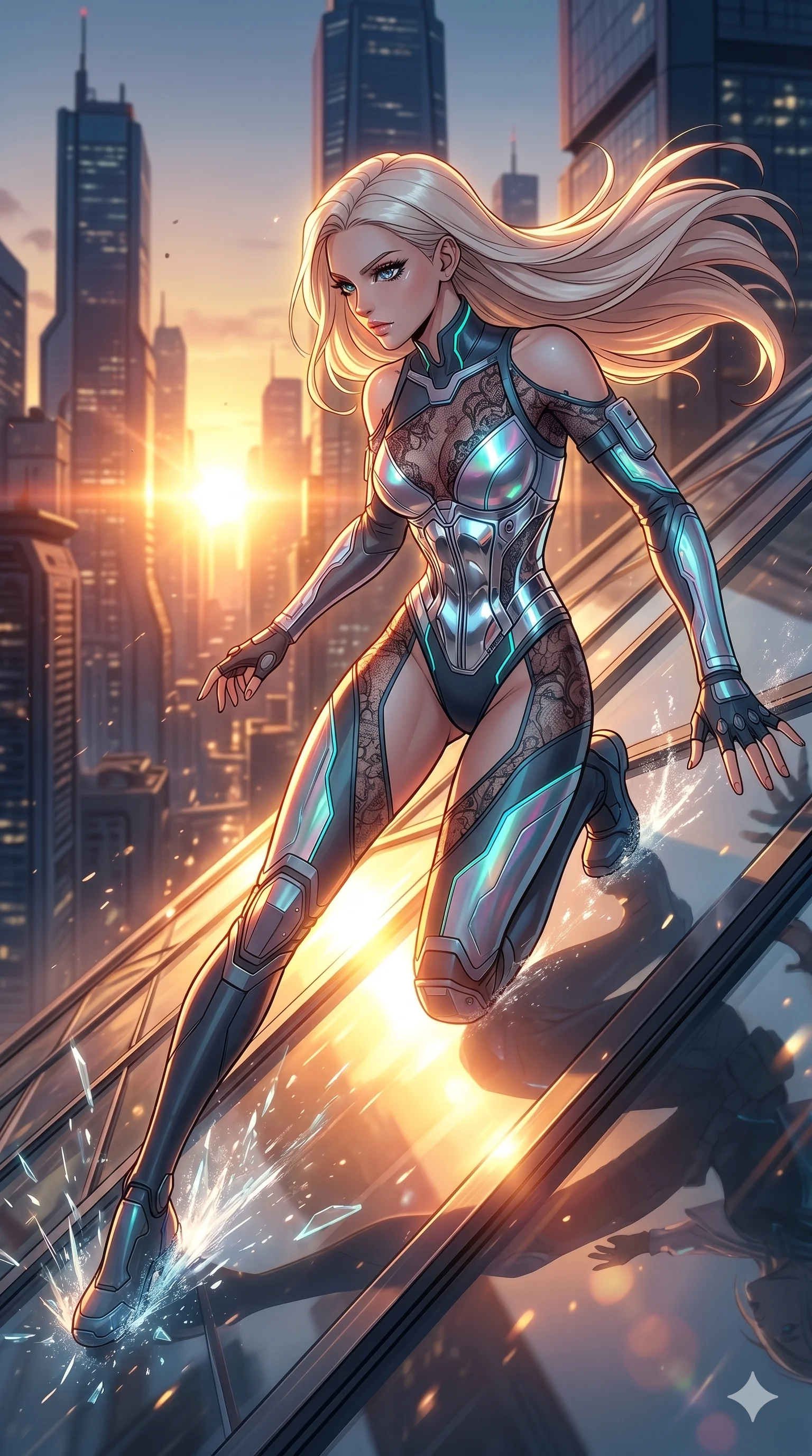 score_9, masterpiece, best quality, ultra-detailed, high-budget anime movie keyframe, cinematic anime lighting, intricate line art, Caucasian (strictly human ears) woman. Low angle cowboy shot capturing a powerful motion and statuesque presence. sliding down a glass roof as the sun creates a blinding glare. She has an absolutely perfect 8-heads proportion, an exceptionally tall and slender female figure with an ultra-slim waist and impossibly long slender legs. strictly human anatomy, two legs only, no extra limbs, clearly defined legs and arms, perfect anatomy, perfect hands and fingers. sharp v-shaped jawline, high-bridge nose, intricate jewel-like eyes, thick eyelashes, glossy lips. Wearing Cyber-Tech Legacy: Asymmetrical high-cut tech-bodysuit with detached sleeves and chrome-plated corset over sheer lace. The scene is illuminated by dramatic atmospheric lighting and vibrant color palettes. , 2k, ultra detail, master piece, 9:16 ratio