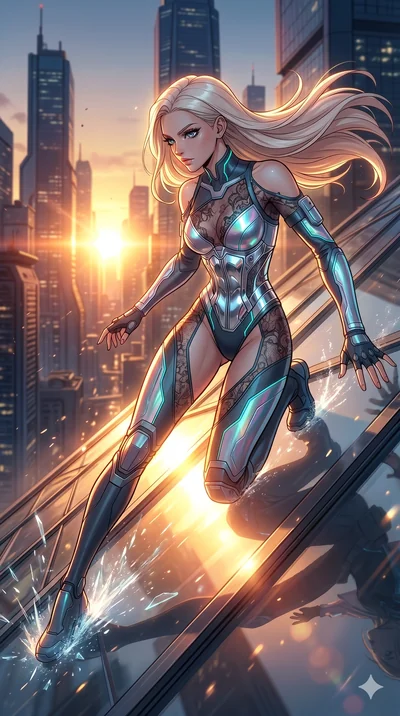 score_9, masterpiece, best quality, ultra-detailed, high-budget anime movie keyframe, cinematic anime lighting, intricate line art, Caucasian (strictly human ears) woman. Low angle cowboy shot capturing a powerful motion and statuesque presence. slid