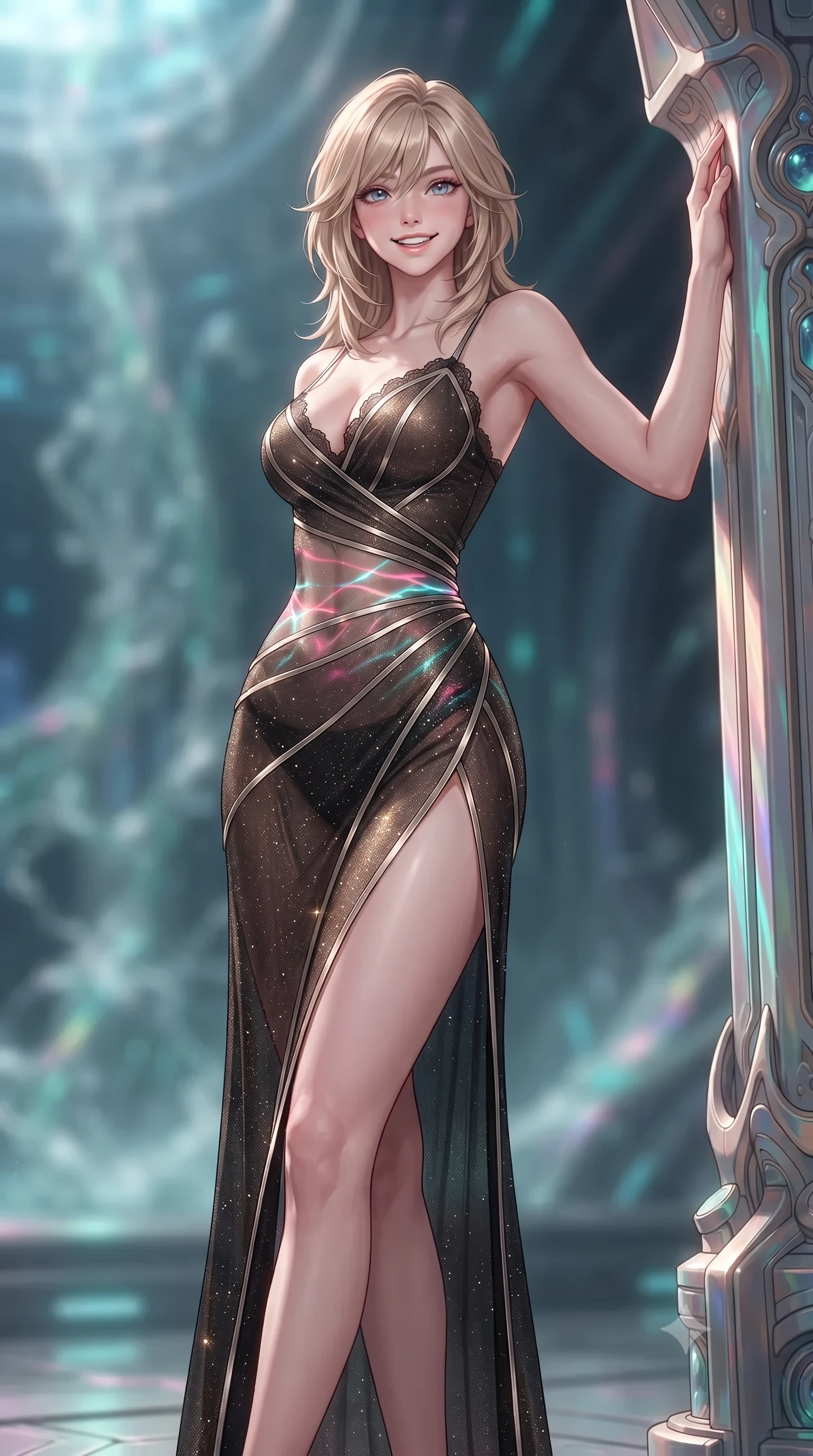 score_9, masterpiece, best quality, ultra-detailed, high-budget anime keyframe, editorial fashion photography, tasteful artistic composition, Japanese woman. low angle full-body shot from head to toe showing her feet, filling the entire 9:16 vertical frame with her statuesque presence, stretching her vertical silhouette. standing tall beside the architectural column, one hand resting high while arching her lower back to emphasize her sculpted feminine hips and slender waist while twisting her slender torso in an alluring contrapposto stance, chromatic pink-and-cyan ocean caustics painting fluid light ribbons across her narrow waist and hips. The background shows a soft-focus iridescent sea spray mist softened in alien oceanic research station shallow focus. She has an exceptionally tall and slender model-like 8.5-heads proportion, an ultra-slim waist, a flat toned midriff, narrow delicate ribcage, and beautifully sculpted feminine hips creating a graceful, slim hourglass silhouette without any bulky heaviness, with impossibly long slender legs. sharp v-shaped jawline, high-bridge nose, intricate jewel-like sparkling eyes with depth, thick eyelashes, glossy parted lips with a natural peach sheen, bright cheerful beaming smile with an enchanting and coquettish sensual glint, exuding both youthful cute charm and seductive allure, flawlessly proportioned anatomical accuracy, strict slender model proportions, natural body alignment, perfectly sculpted long slender limbs, ultra-slim waistline, clean dynamic posture without body distortion. wearing a plunge-front sheer illusion tulle slip dress with liquid platinum ribbon stripes hugging her curves in singularity accretion gold and deep space void black, woven from stretch metallic lurex jersey casting radiant starlight glints across her curves, finished with scalloped eyelash lace trim framing her sweetheart neckline with intimate elegance, the high-slit wrap tailoring accentuating her ultra-slim waistline and the enchanting curve of her feminine hips with alluring seductive charm. illuminated by chromatic liquid ocean reflection bounce and sharp rose-gold rim lights sculpting her razor-sharp jawline, narrow waist, and curvy hips. ultra-reflective glossy finish, specular highlights, rich textural contrasts, high-contrast stereoscopic depth, volumetric dynamic lighting, 2k, ultra detail, master piece, 9:16 ratio