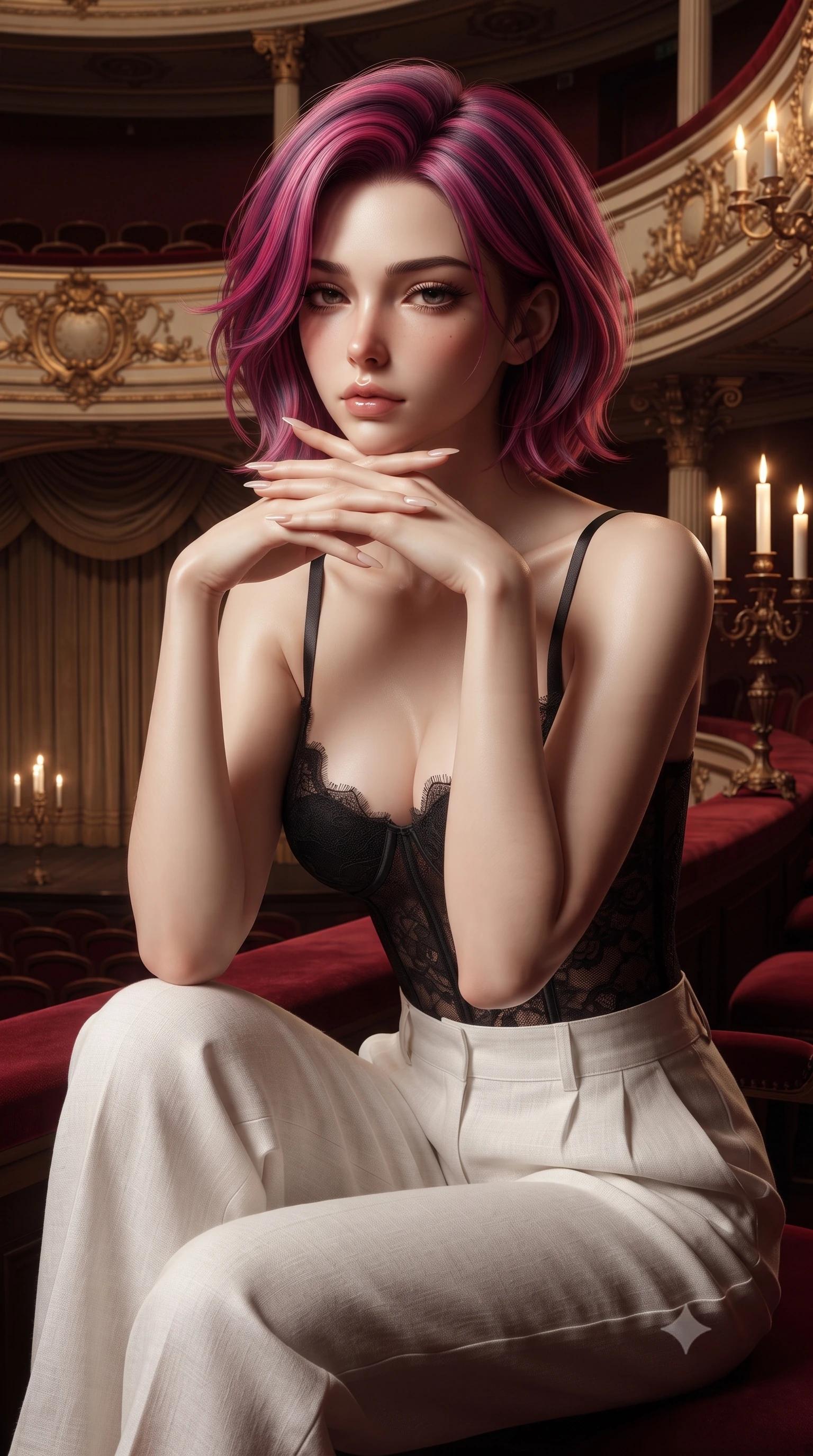 score_9, masterpiece, best quality, ultra-detailed, high-budget anime keyframe, editorial fashion photography, tasteful artistic composition, Caucasian woman. close-up cowboy shot from the waist and thighs up, the character dominates the composition, filling the frame with her large presence, background elements kept in soft focus. resting her chin on the backs of her fingers, casting a heavy-lidded, sultry look past the camera the background shows a soft-focus a vintage theater balcony with gold trim, looking down at a grand curtain. She has an exceptionally elegant, slender, and willowy female figure with an ultra-slim waist, a gracefully sculpted slender torso, and a refined silhouette. sharp v-shaped jawline, high-bridge nose, intricate jewel-like eyes with depth, thick eyelashes, glossy lips with a natural sheen. wearing a form-contouring delicate lace corset top in black silk, paired with high-waisted white linen trousers. warm candlelight casting dramatic shadows on the ornate wooden carvings. ultra-reflective glossy finish, specular highlights, metallic sheen, high-contrast stereoscopic depth, volumetric dynamic lighting, 2k, ultra detail, master piece, 9:16 ratio