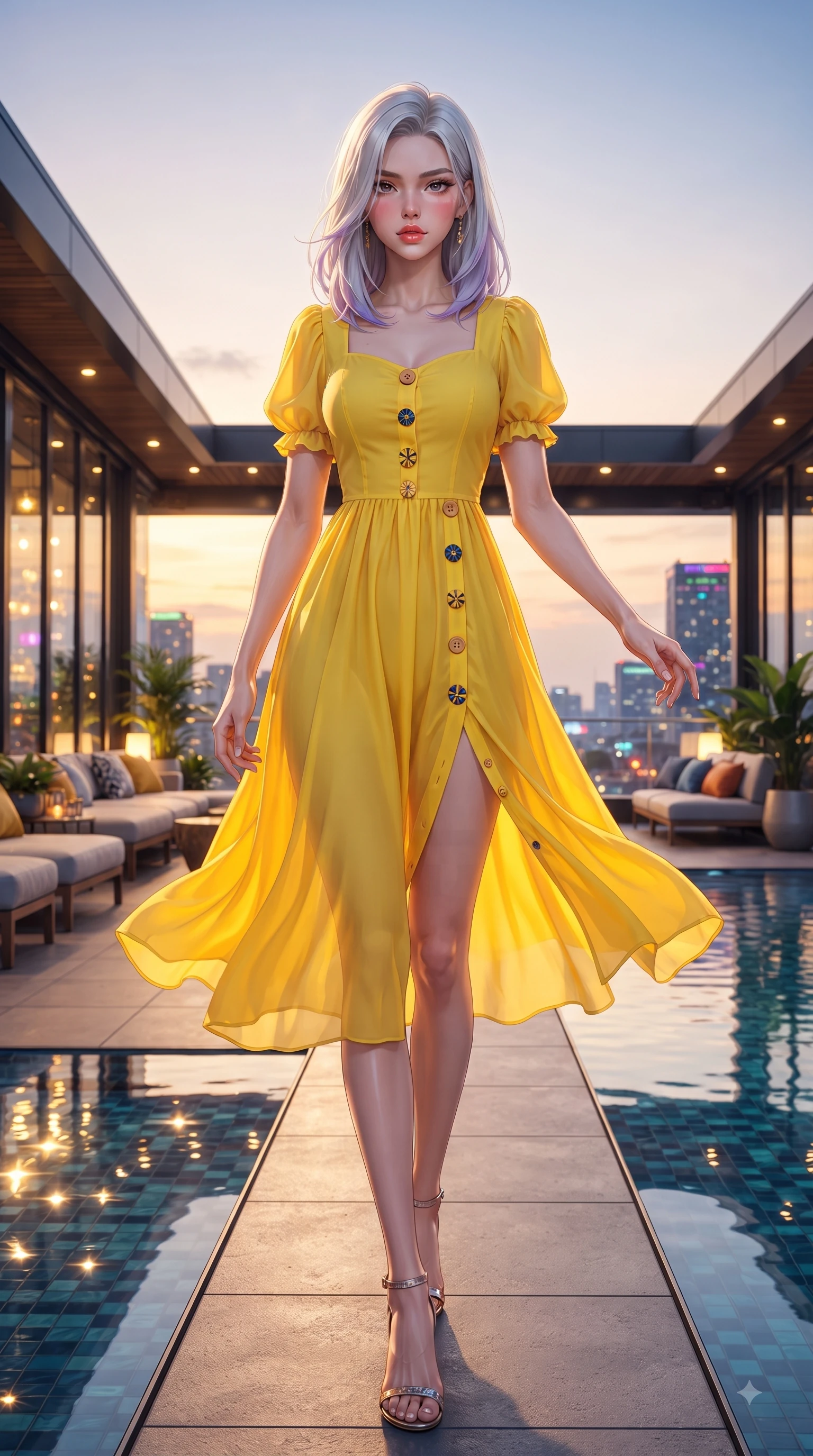 score_9, masterpiece, best quality, ultra-detailed, high-budget anime keyframe, editorial fashion photography, tasteful artistic composition, Caucasian woman. low angle full-body shot from head to toe showing her feet, filling the entire 9:16 vertical frame with her statuesque presence, stretching her vertical silhouette. Seductively magnetic look casting a fiery side-gaze with full glossy lips and smoldering glamour while stepping gracefully onto an open-air rooftop lounge as golden sunset city lights twinkle. The surrounding environment is rendered in vivid detail and crisp panoramic clarity. vibrant city night lights and sleek rooftop lounge decor captured with environmental precision. She has an absolutely perfect, statuesque 8.5-heads proportion, an exceptionally tall and slender model-like female figure with impossibly long slender legs and an ultra-slim waist. sharp v-shaped jawline, high-bridge nose, intricate jewel-like eyes with depth, thick eyelashes, glossy lips with a natural sheen, flawlessly proportioned anatomical accuracy, natural body alignment, perfectly sculpted elegant limbs, clean dynamic posture without body distortion. wearing a bright canary yellow cotton sundress with short puff sleeves and wooden buttons in sunflower yellow and royal navy blue, woven from fine lightweight chiffon fluttering gracefully, finished with a sleek side slit ascending to mid-thigh, the chic fashion cut framing her graceful clavicle and slender torso. illuminated by crisp specular highlights from infinity pool reflections and city lights. ultra-reflective glossy finish, specular highlights, metallic sheen, high-contrast stereoscopic depth, volumetric dynamic lighting, 2k, ultra detail, master piece, 9:16 ratio