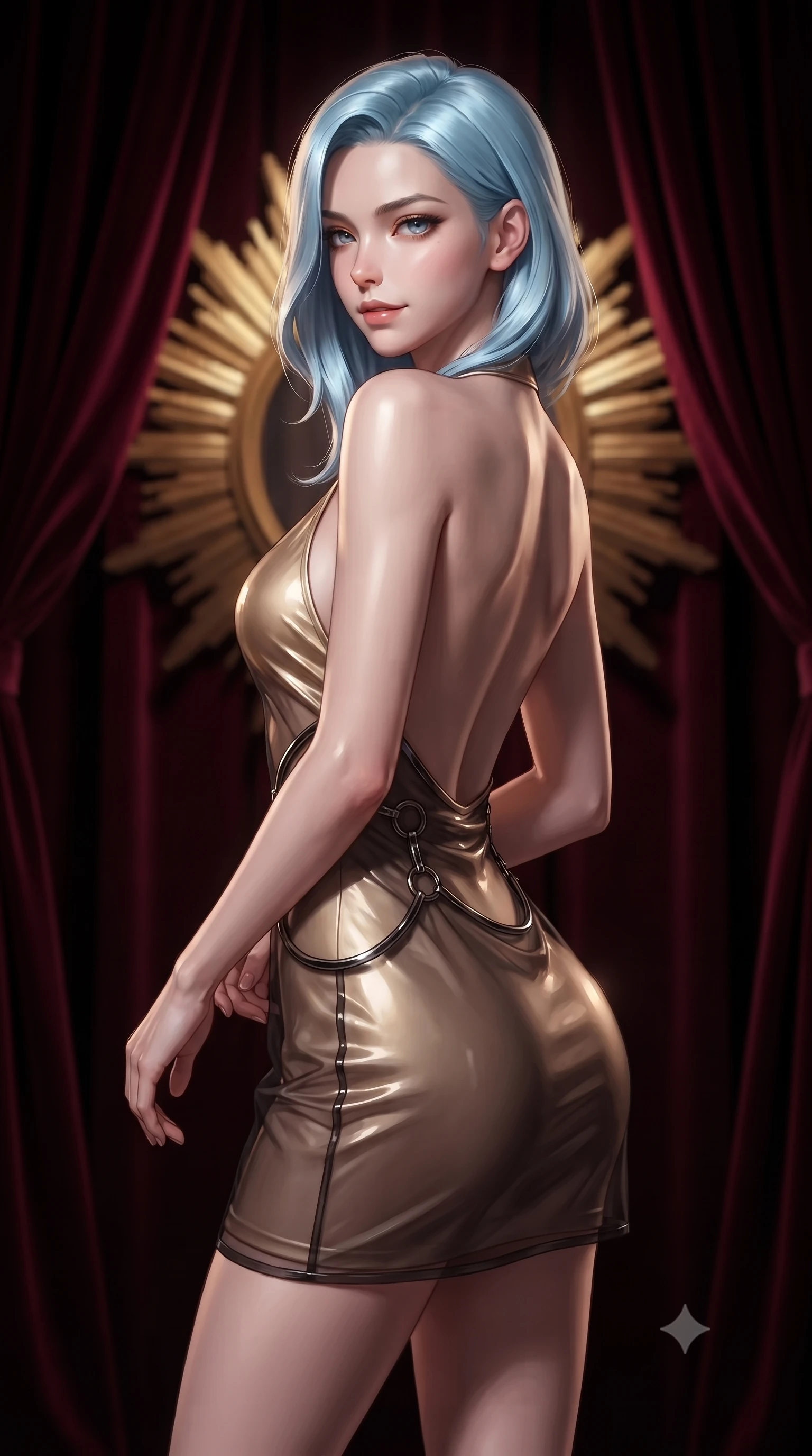 score_9, masterpiece, best quality, ultra-detailed, high-budget anime keyframe, editorial fashion photography, tasteful artistic composition, Korean woman. close-up cowboy shot from the waist and thighs up, the character dominates the composition, filling the frame with her large presence, background elements kept in soft focus. Glancing sidelong over her shoulder with a smoldering, enigmatic half-smile, standing before a giant golden sunburst mirror in a dark crimson velvet suite, heavy velvet curtains creating rich dark shadows and deep color accents. She has an exceptionally elegant, slender, and willowy female figure with an ultra-slim waist, a gracefully sculpted slender torso, and a refined silhouette. sharp v-shaped jawline, high-bridge nose, intricate jewel-like eyes with depth, thick eyelashes, glossy lips with a natural sheen. wearing backless liquid vinyl mini slip dress with bare shoulder halter neckline in champagne gold, made of sheer dark organza overlay, trimmed with dark chrome ring hardware along the waist contours, following her slender form with tailored precision. bathed in dramatic chiaroscuro with a sharp key light tracing her side profile. ultra-reflective glossy finish, specular highlights, metallic sheen, high-contrast stereoscopic depth, volumetric dynamic lighting, 2k, ultra detail, master piece, 9:16 ratio