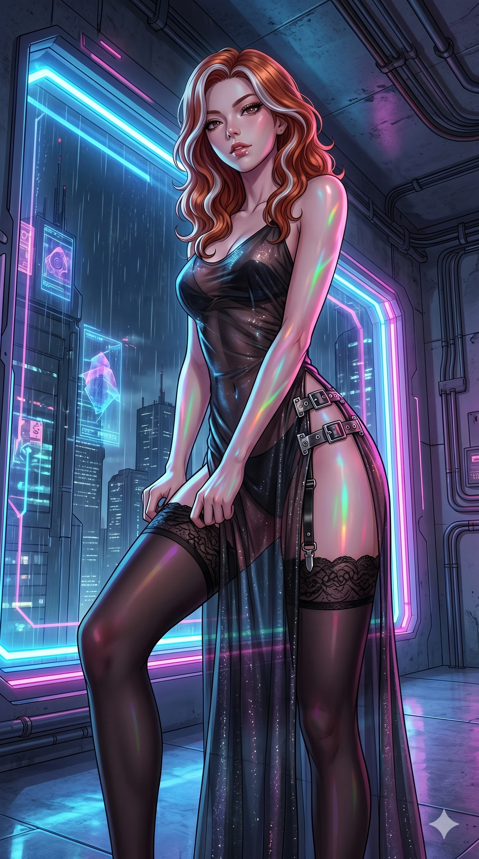 score_9, masterpiece, best quality, ultra-detailed, High-budget Anime Keyframe, East Asian woman. Low angle cowboy shot filling the entire 9:16 frame with her statuesque presence. Scenario 127: Adjusting her thigh-high stocking by a glowing neon window. Her presence is magnetic and overpowering in this high-budget anime scene. Outfit 127: A shimmering chiffon long with a thigh-high slit and metallic buckles. The clothing is designed to emphasize her exceptionally tall and slender 8-heads proportion. 8-heads proportion, towering silhouette, ultra-slim waist. sharp v-shaped jawline, intricate jewel-like eyes with depth, thick eyelashes, glossy lips. 2k, ultra detail, master piece, 9:16 ratio