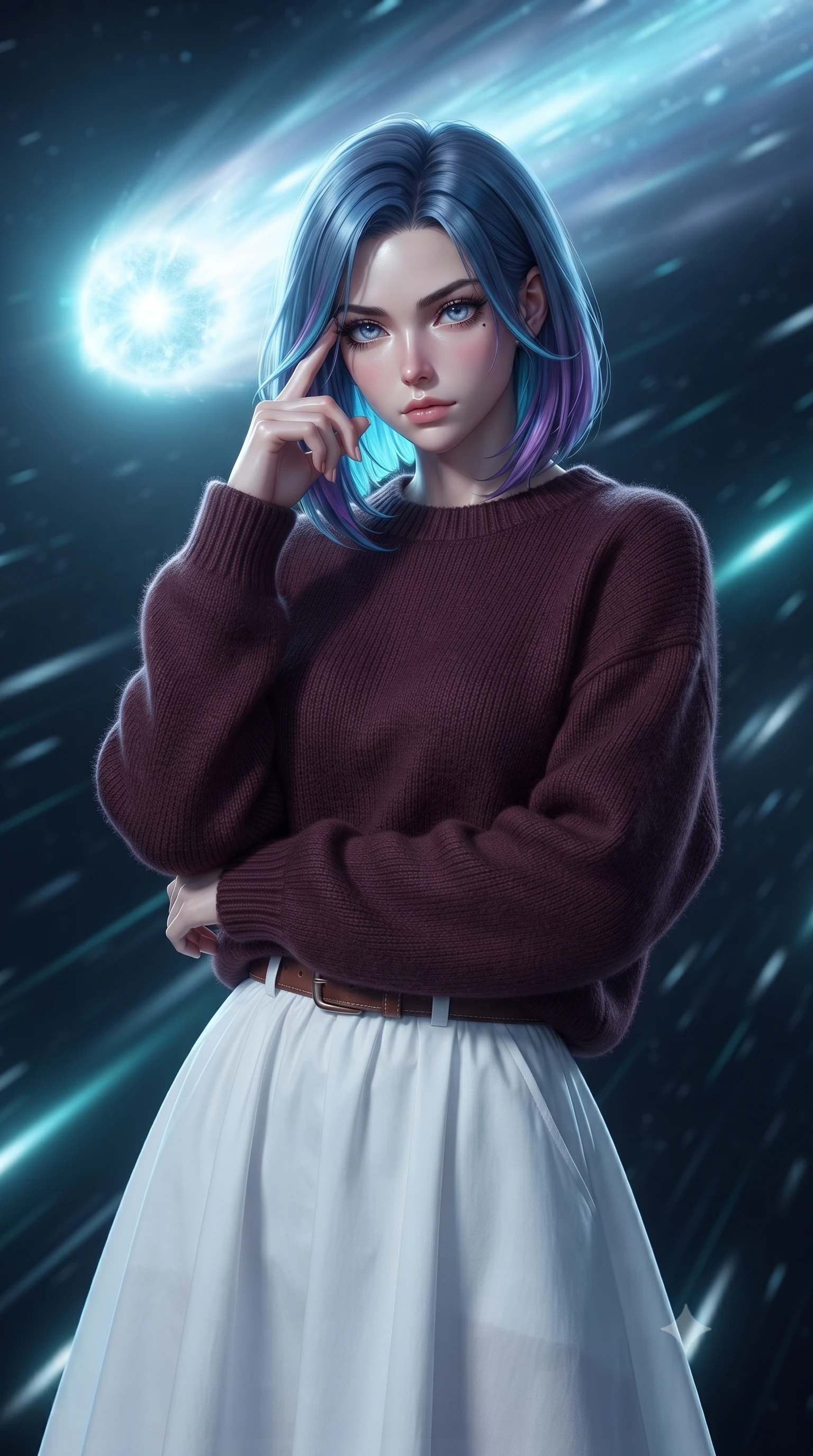 score_9, masterpiece, best quality, ultra-detailed, high-budget anime keyframe, editorial fashion photography, tasteful artistic composition, Caucasian woman, strictly human ears. close-up cowboy shot from the waist and thighs up, the character dominates the composition, filling the frame with her large presence, background elements kept in soft focus. Pressing two fingers to her temple in a composed thoughtful gesture. set against a soft-focus background of riding the luminous tail of a comet as it streaks through deep space with silver and blue ice particles streaming past at incredible speed and the comet's nucleus glowing ahead like a frozen sun. She has an exceptionally elegant and slender, willowy female figure with an ultra-slim waist, a gracefully sculpted slender torso, and a refined slim physique. sharp v-shaped jawline, high-bridge nose, intricate jewel-like eyes with depth, thick eyelashes, glossy lips with a natural sheen. wearing a dark burgundy knit sweater with a relaxed fit, paired with a white cotton poplin skirt and a leather belt. intense directional silver-blue light from the comet's nucleus ahead with streaming particle trails creating motion-blur light streaks in cool cyan and white. 2k, ultra detail, master piece, 9:16 ratio