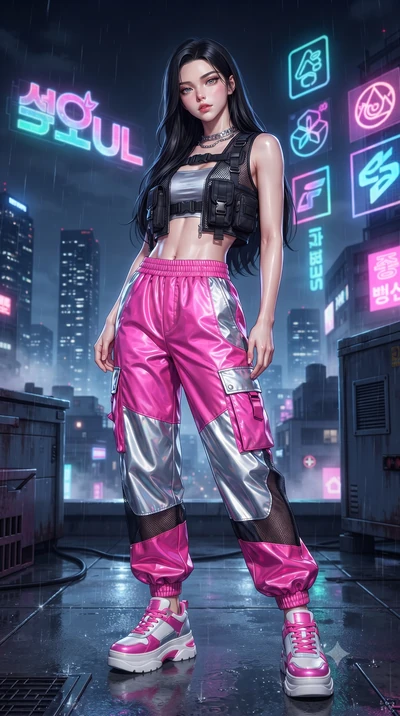 score_9, masterpiece, best quality, ultra-detailed, high-budget anime keyframe, editorial fashion photography, tasteful artistic composition, Korean woman. low angle full-body shot from head to toe showing her feet, filling the entire 9:16 vertical f