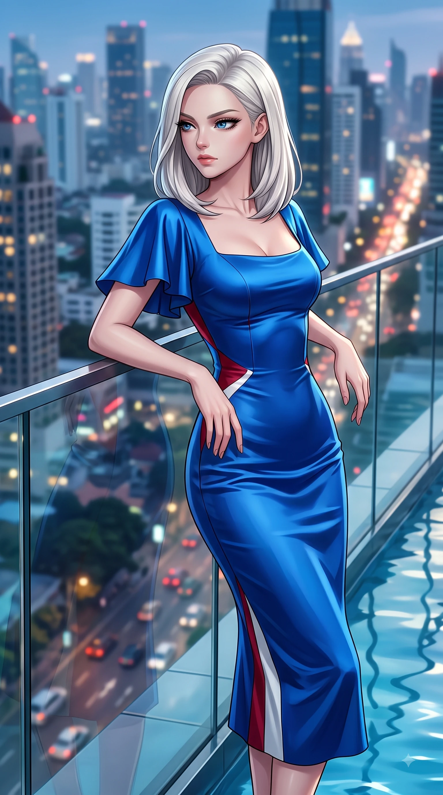 score_9, masterpiece, best quality, ultra-detailed, high-budget anime keyframe, editorial fashion photography, tasteful artistic composition, Caucasian woman. close-up cowboy shot from the waist and thighs up, the character dominates the composition, filling the frame with her large presence. Indifferent cold glance casting a disdainful side-eye from beneath long dark eyelashes with aloof confidence while leaning against a sleek glass railing overlooking a vibrant urban skyline. The composition keeps background elements in soft focus with dreamy bokeh. infinity pool water reflections and glass railings softened in smooth shallow focus. She has an exceptionally elegant, slender, and willowy female figure with an ultra-slim waist, a gracefully sculpted slender torso, and a refined silhouette. sharp v-shaped jawline, high-bridge nose, intricate jewel-like eyes with depth, thick eyelashes, glossy lips with a natural sheen, flawlessly proportioned anatomical accuracy, natural body alignment, perfectly sculpted elegant limbs, clean dynamic posture without body distortion. wearing a vivid sapphire blue satin midi dress following her statuesque figure in vibrant crimson red and crisp snow white, crafted from smooth liquid silk satin, featuring elegant flutter sleeves and a graceful square neckline, the sleek second-skin fit accentuating her magnetic presence. surrounded by an opulent, glamorous, and high-fashion nightlife editorial aura. highly saturated vibrant anime colors, detailed shading with soft gradients, rich glossy textures, high-contrast stereoscopic depth, volumetric dynamic lighting, master piece, 9:16 ratio