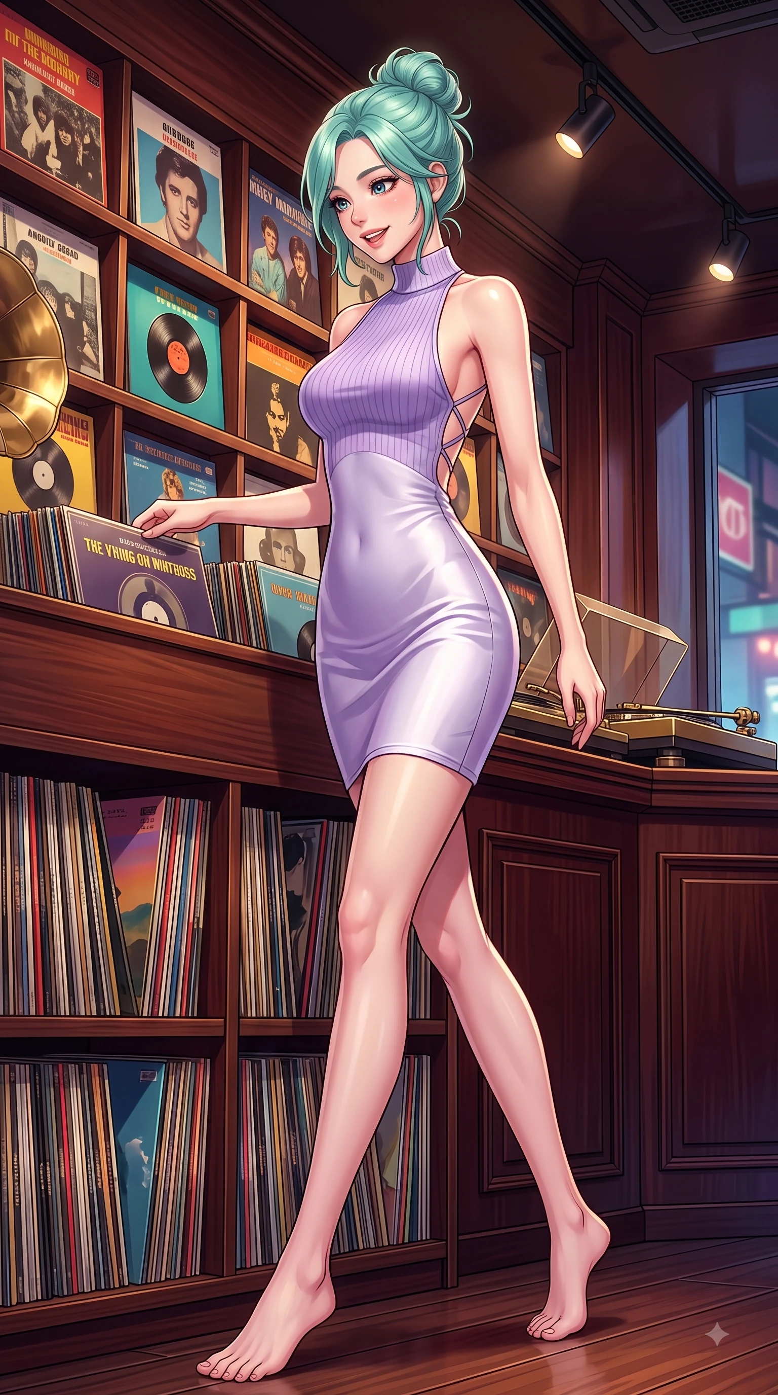 score_9, masterpiece, best quality, ultra-detailed, high-budget anime keyframe, editorial fashion photography, tasteful artistic composition, Japanese woman. low angle full-body shot from head to toe showing her feet, filling the entire 9:16 vertical frame with her statuesque presence, stretching her vertical silhouette. stepping forward gracefully in mid-motion with a delighted cute expression, displaying her statuesque model proportions while browsing vintage vinyl record albums in a cozy Hongdae LP bar with a sweet playful smile. The surrounding environment is rendered in vivid detail and crisp panoramic clarity. vintage vinyl album covers, wooden shelving, and brass turntable details in crisp clarity. She has an absolutely perfect, statuesque 8.5-heads proportion, an exceptionally tall and slender model-like female figure with impossibly long slender legs and an ultra-slim waist. sharp v-shaped jawline, high-bridge nose, intricate jewel-like eyes with depth, thick eyelashes, glossy lips with a natural sheen, flawlessly proportioned anatomical accuracy, natural body alignment, perfectly sculpted elegant limbs, clean dynamic posture without body distortion. wearing a high-neck sleeveless ribbed knit dress following her statuesque figure like a glove in soft lavender violet and pearl white, crafted from smooth liquid silk satin, finished with delicate criss-cross back straps highlighting her bare shoulders, the form-contouring material highlighting her ultra-slim waist and long lines. illuminated by cozy directional spotlights and rich mahogany reflections. highly saturated vibrant anime colors, detailed shading with soft gradients, rich glossy textures, high-contrast stereoscopic depth, volumetric dynamic lighting, master piece, 9:16 ratio